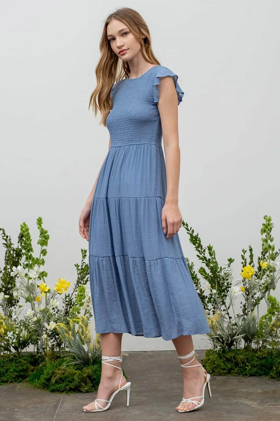SMOCKED TIERED MIDI DRESS