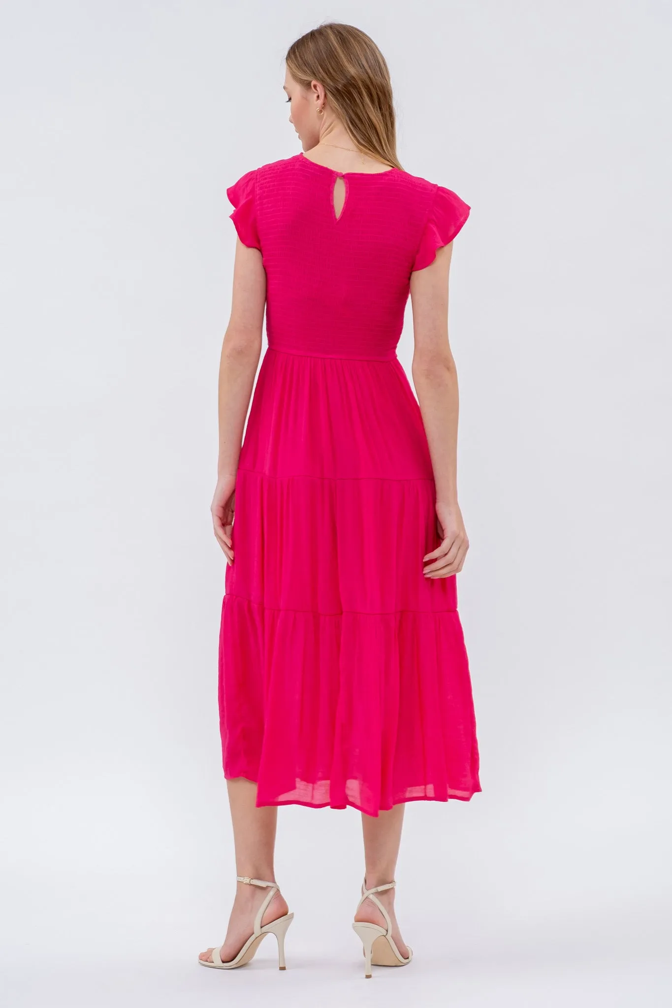 SMOCKED TIERED MIDI DRESS