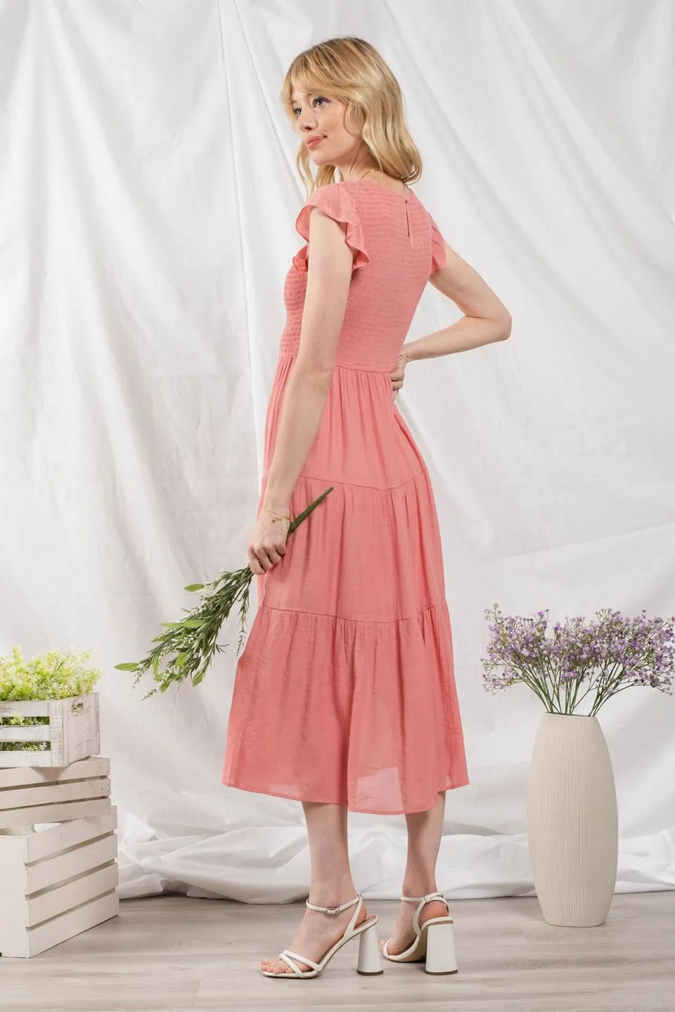 SMOCKED TIERED MIDI DRESS