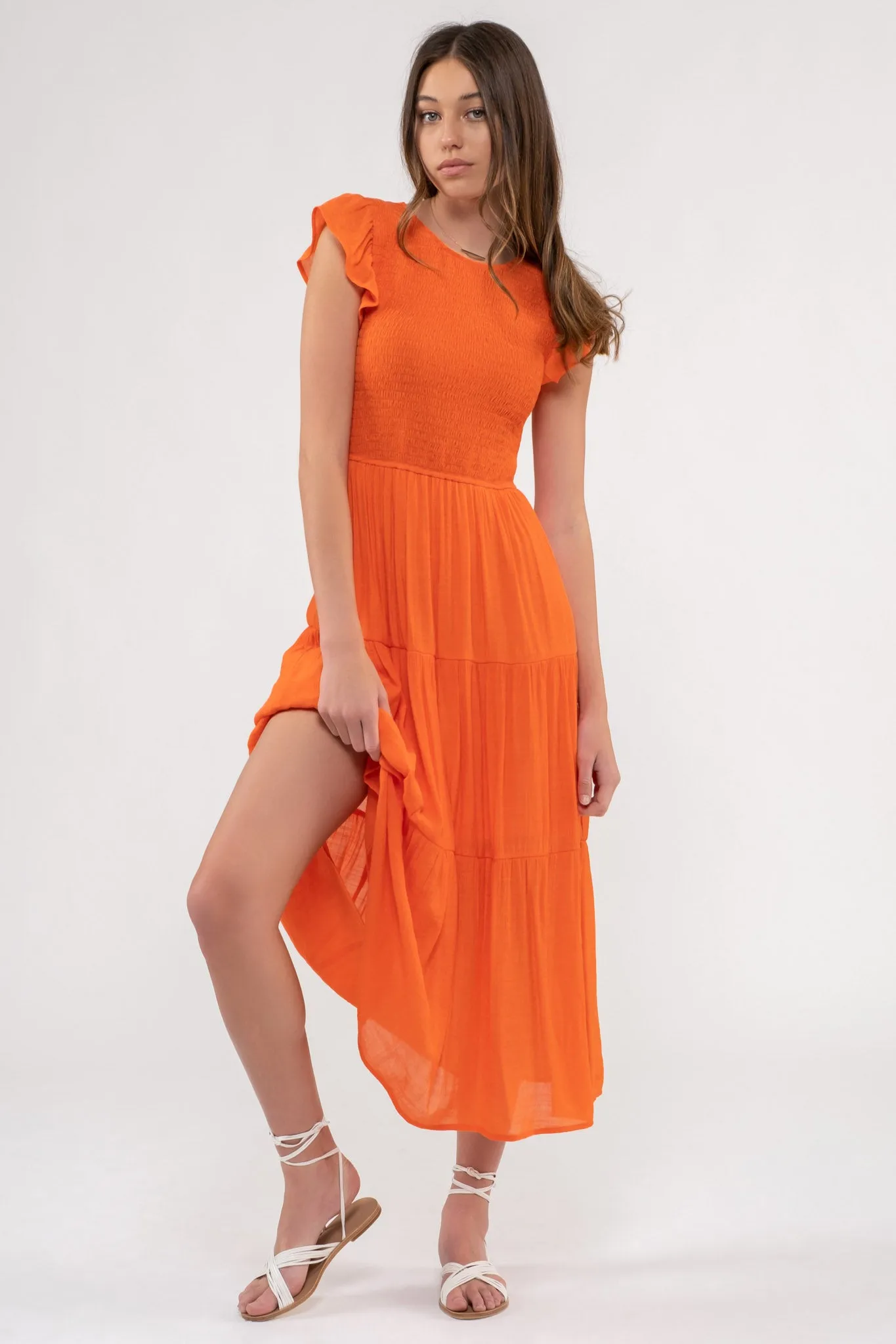 SMOCKED TIERED MIDI DRESS