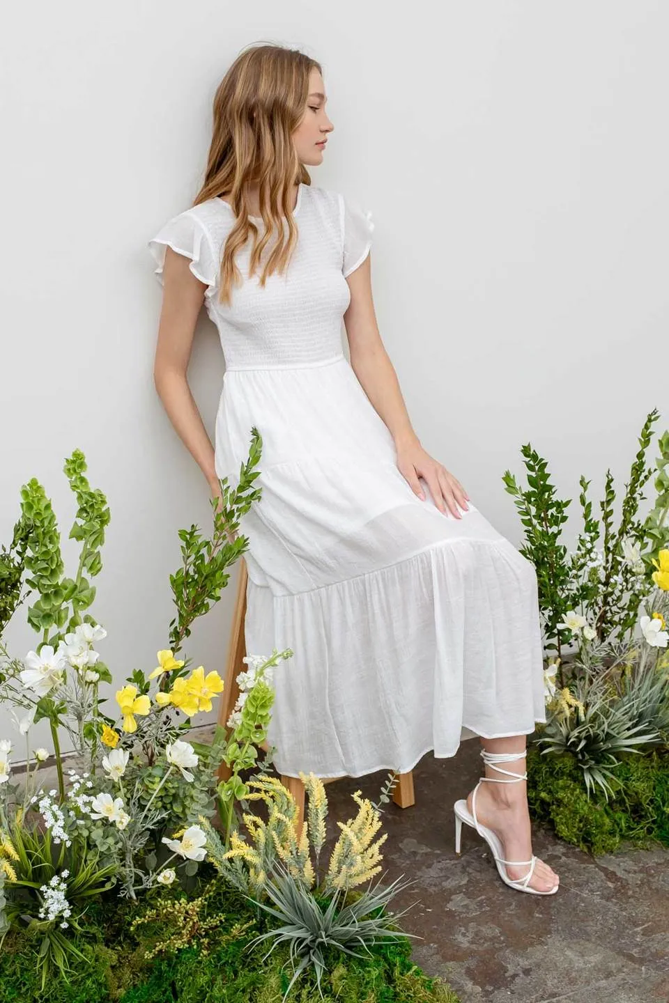 SMOCKED TIERED MIDI DRESS