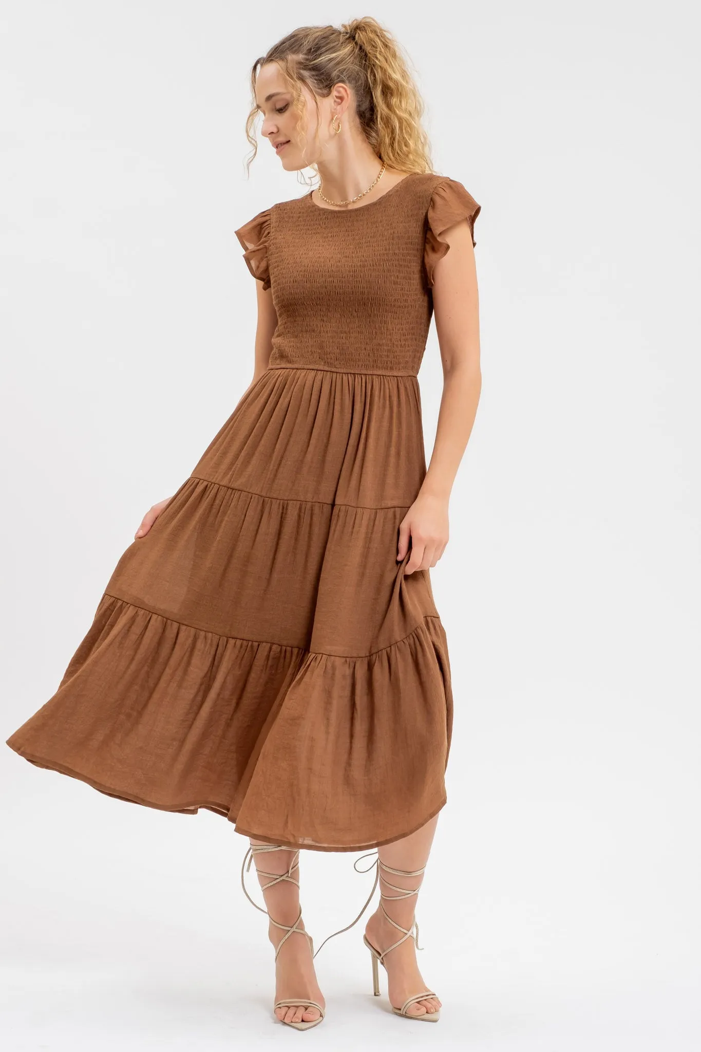SMOCKED TIERED MIDI DRESS
