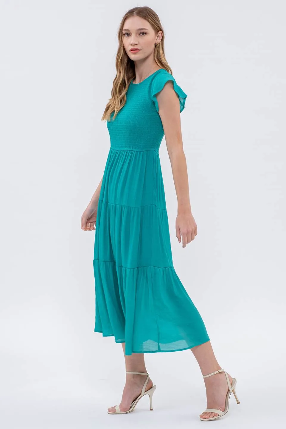 SMOCKED TIERED MIDI DRESS