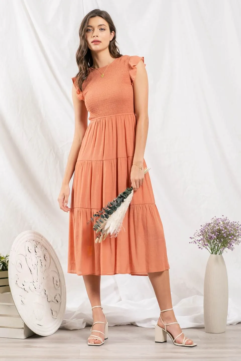 SMOCKED TIERED MIDI DRESS