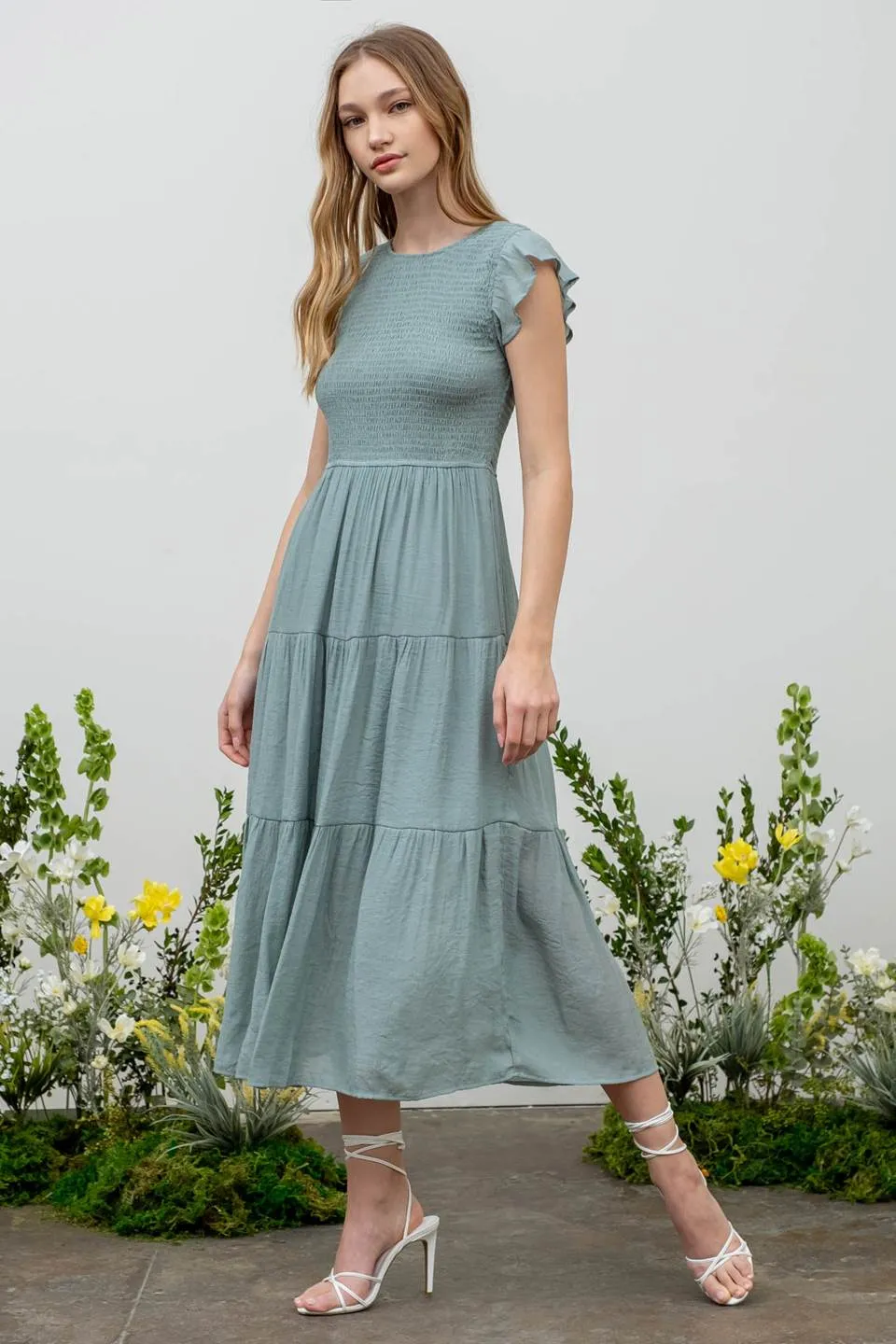 SMOCKED TIERED MIDI DRESS