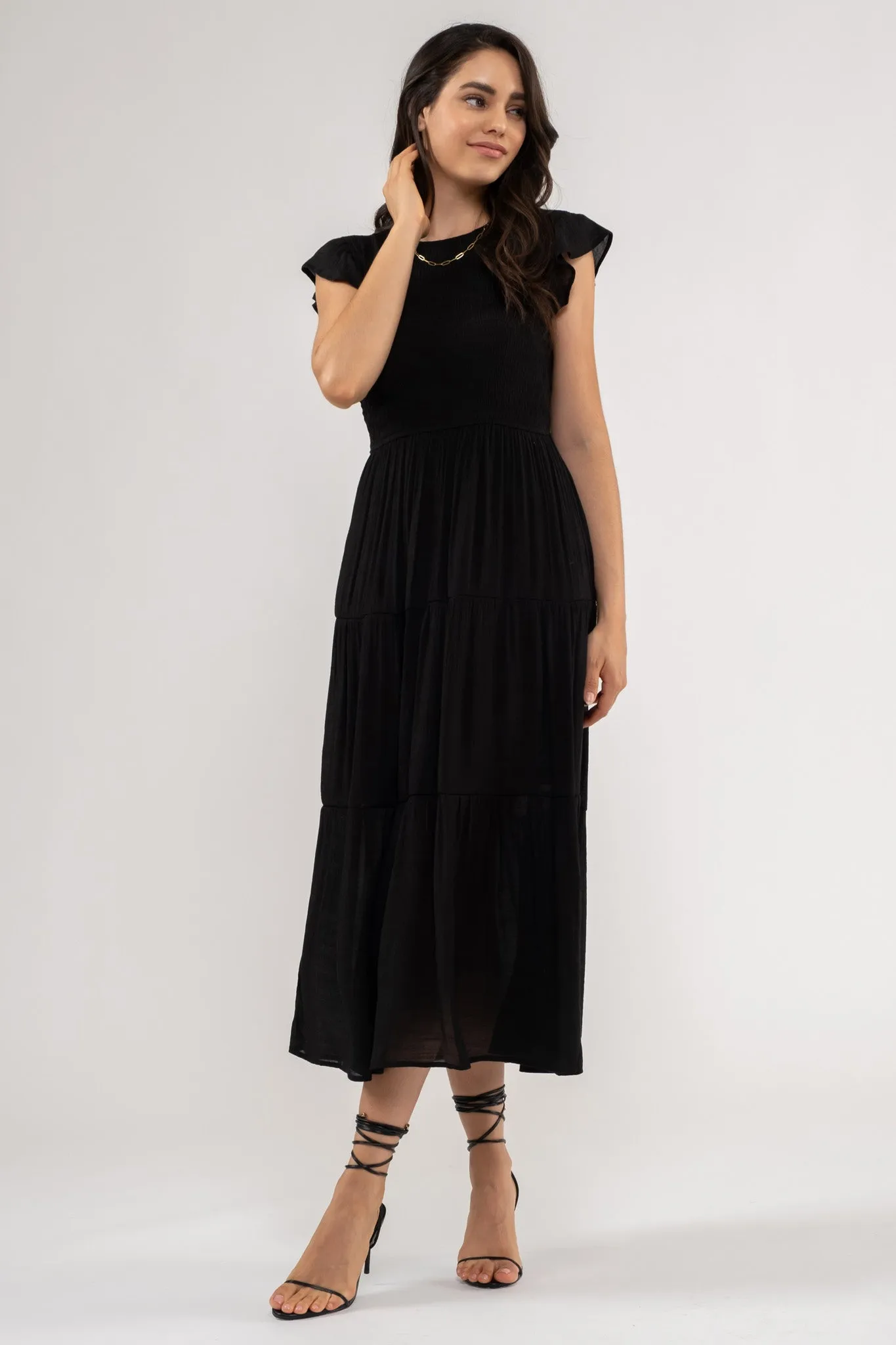 SMOCKED TIERED MIDI DRESS