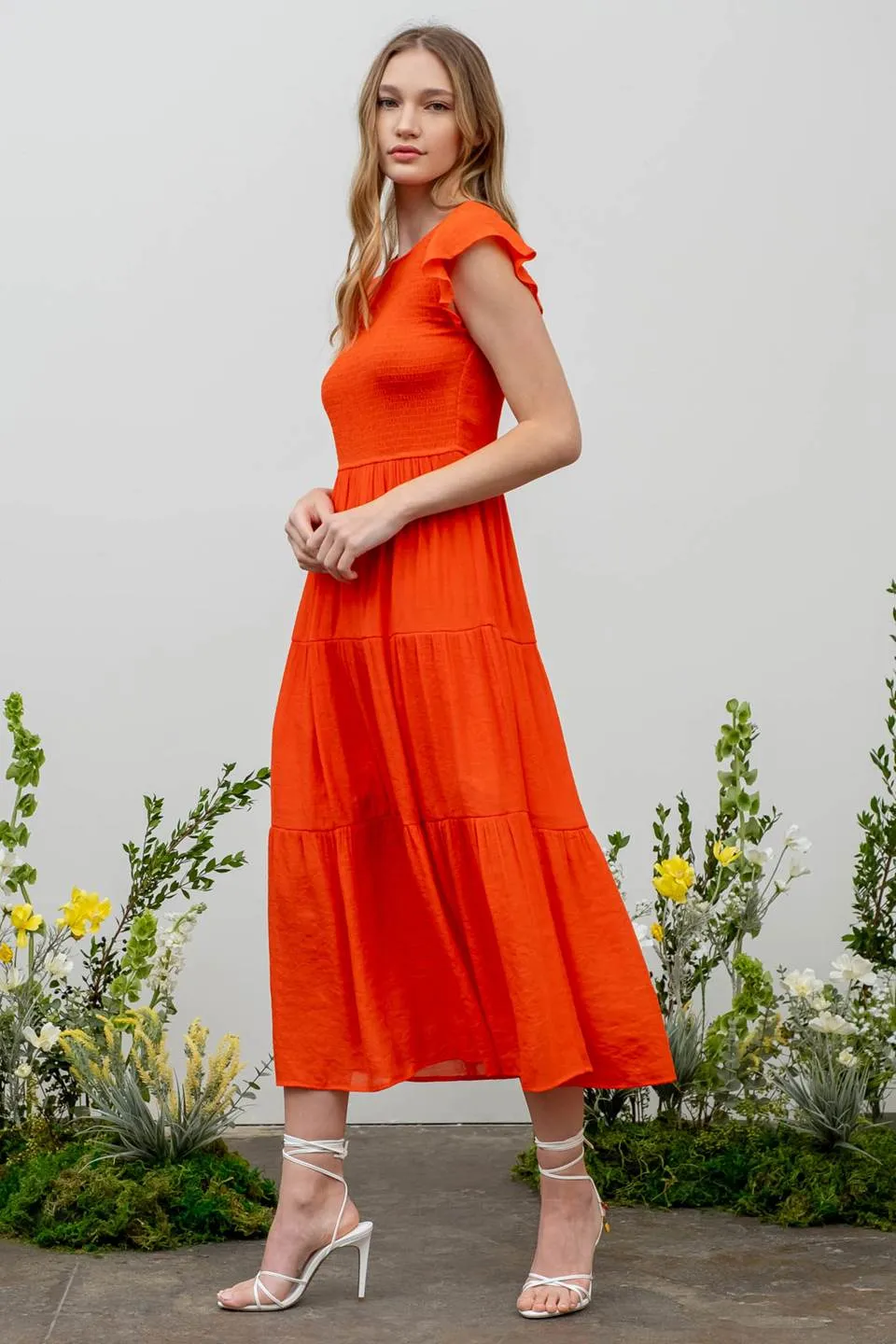 SMOCKED TIERED MIDI DRESS