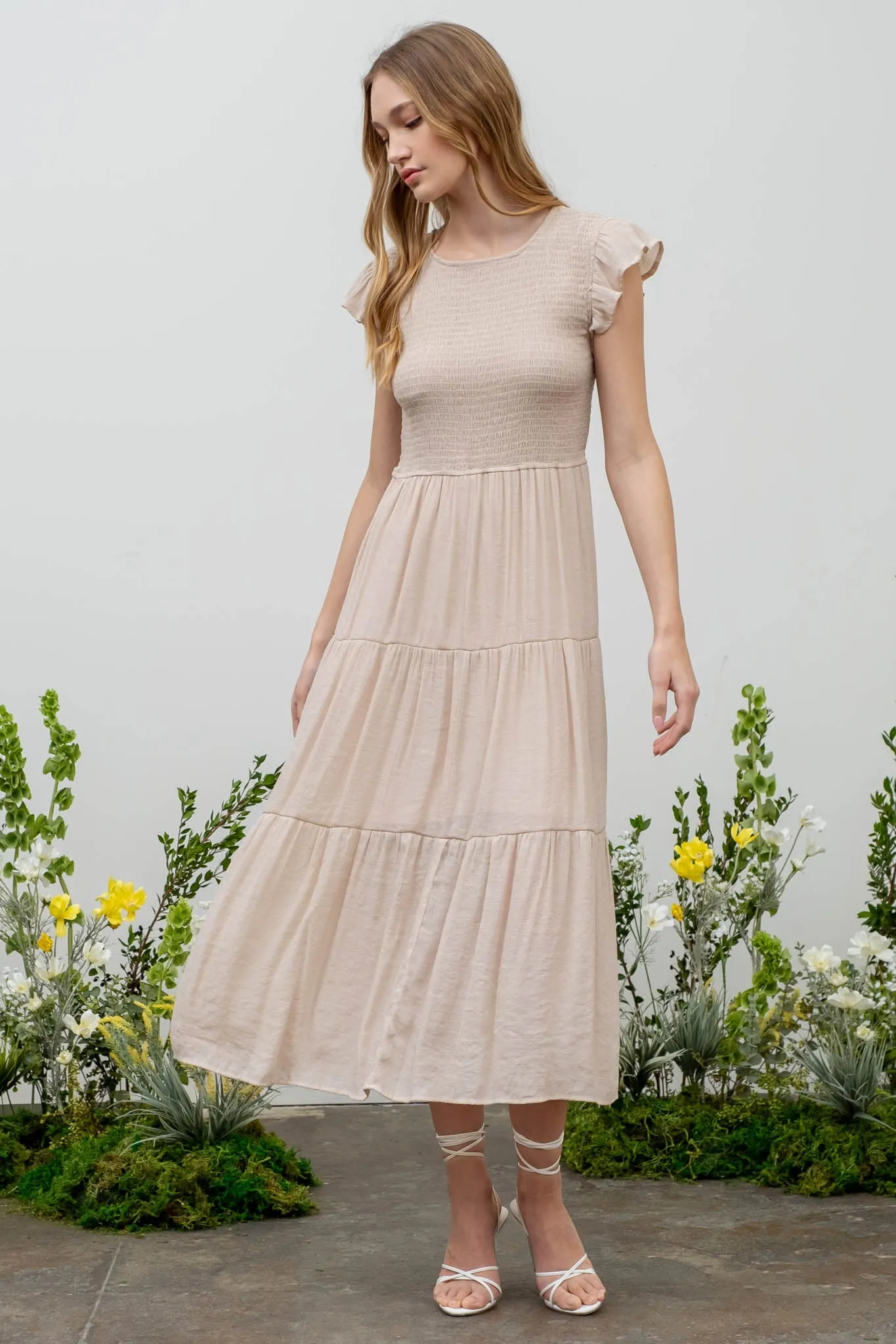 SMOCKED TIERED MIDI DRESS