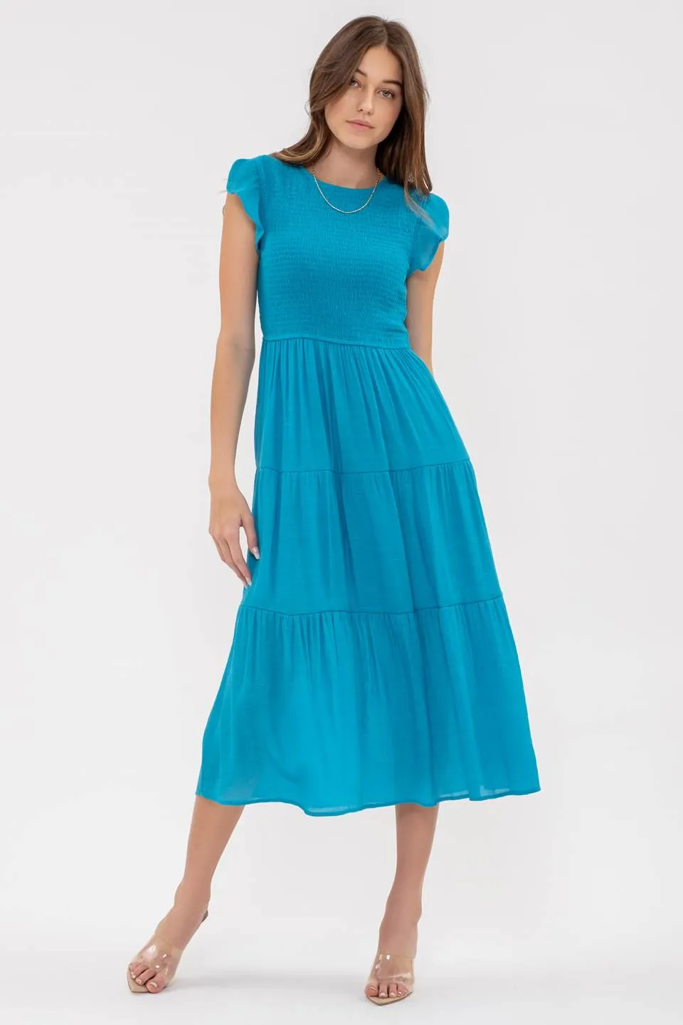 SMOCKED TIERED MIDI DRESS