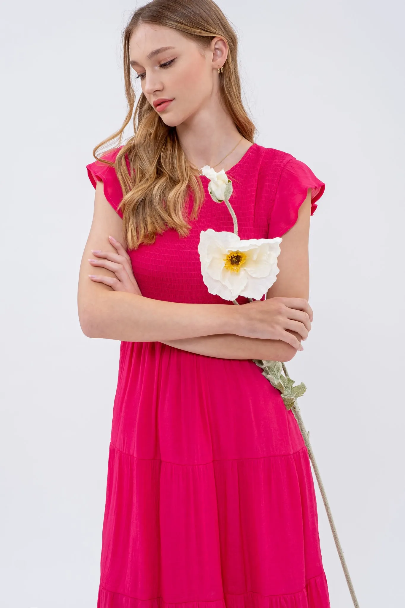SMOCKED TIERED MIDI DRESS