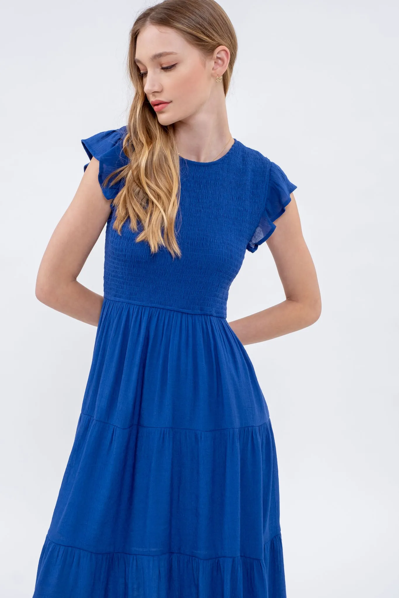 SMOCKED TIERED MIDI DRESS