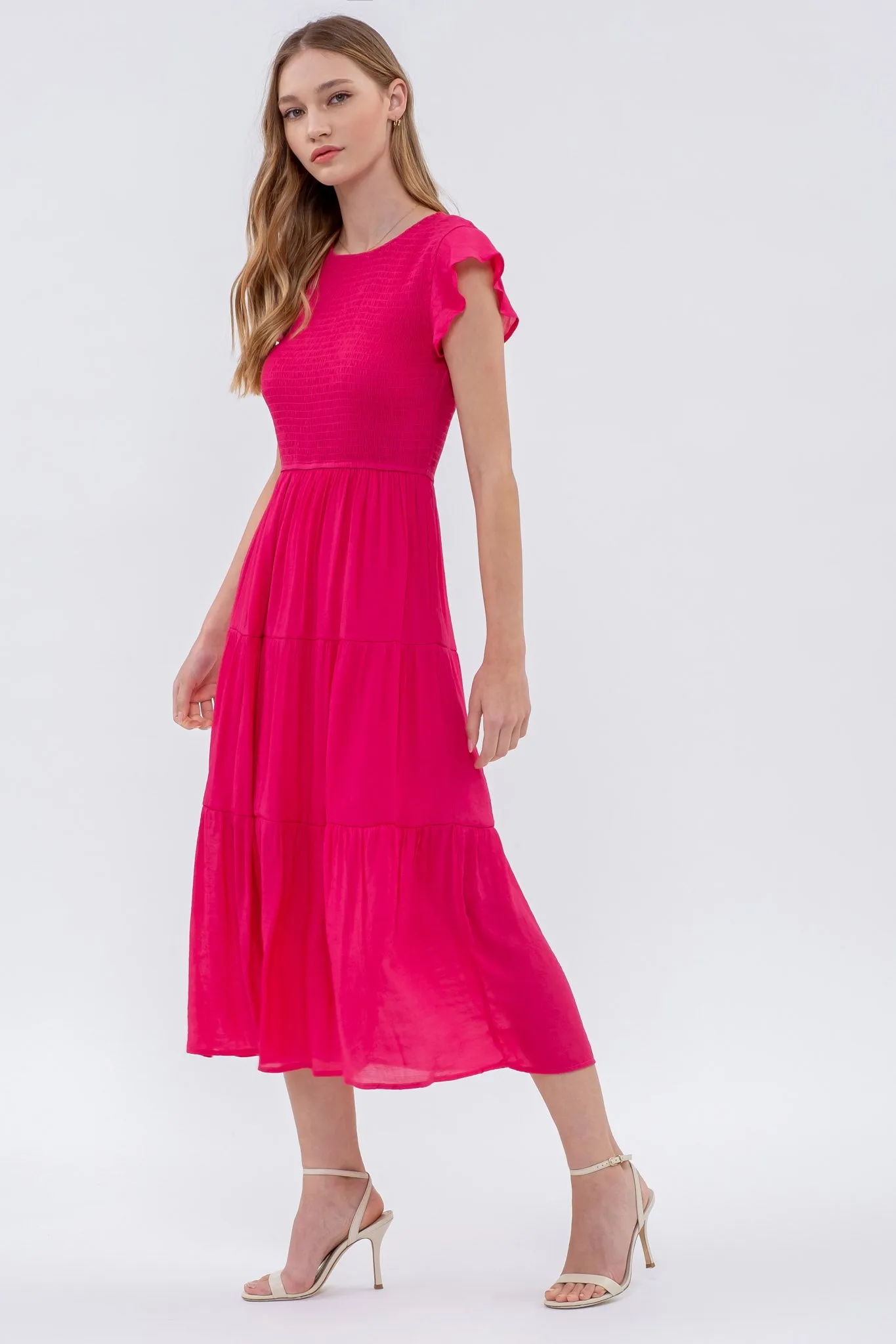 SMOCKED TIERED MIDI DRESS