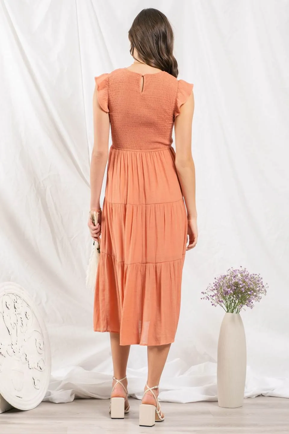 SMOCKED TIERED MIDI DRESS