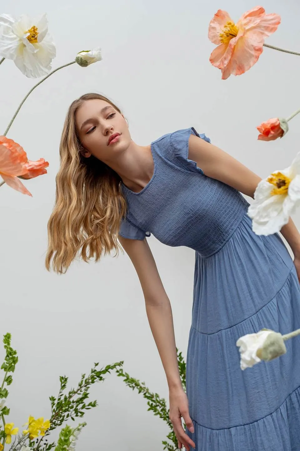 SMOCKED TIERED MIDI DRESS