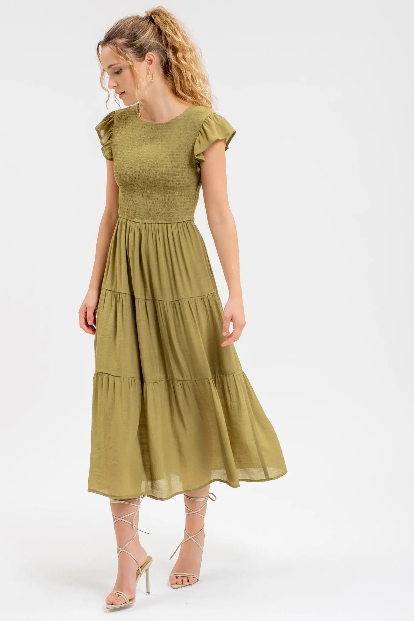 SMOCKED TIERED MIDI DRESS