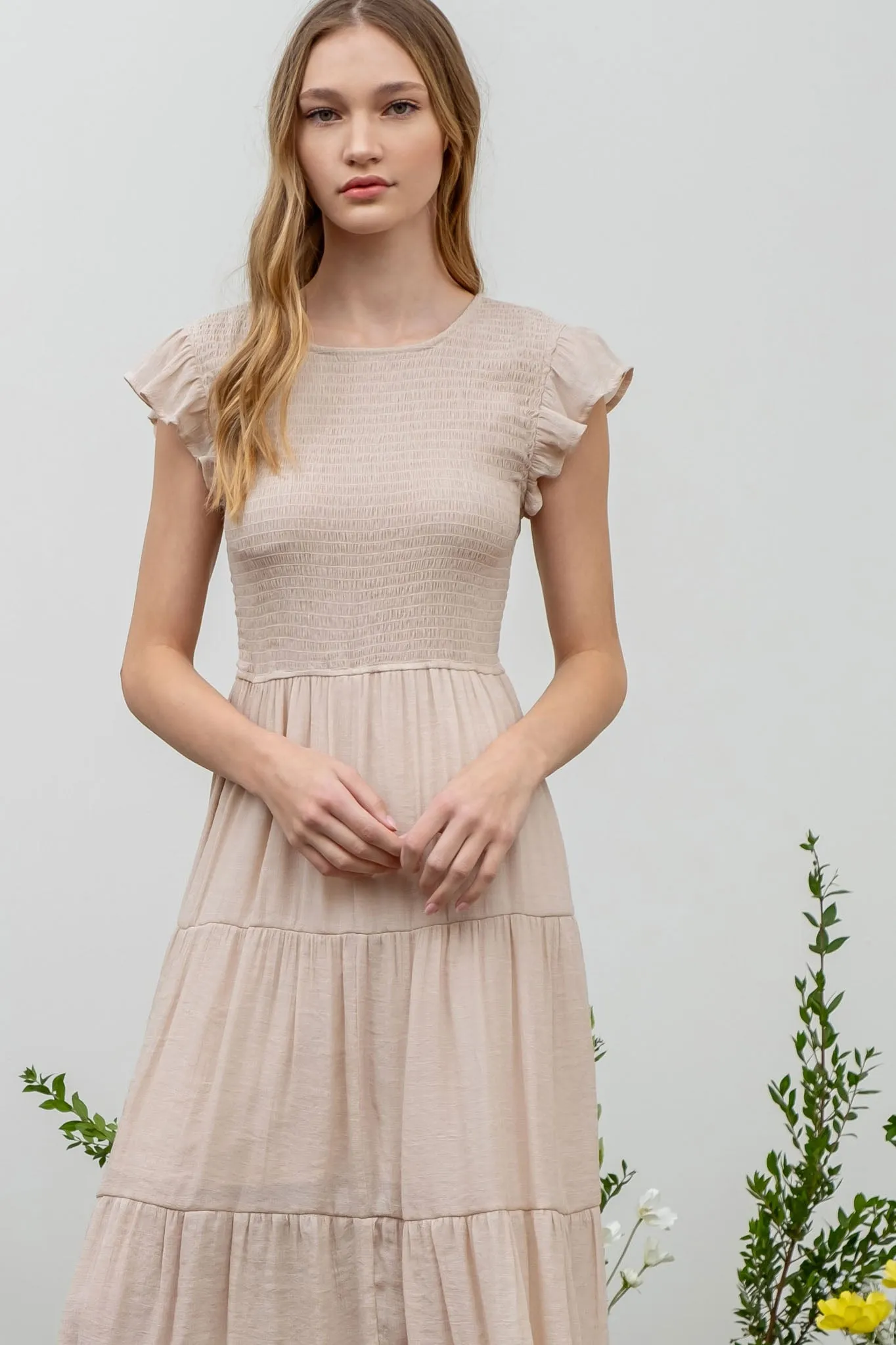 SMOCKED TIERED MIDI DRESS