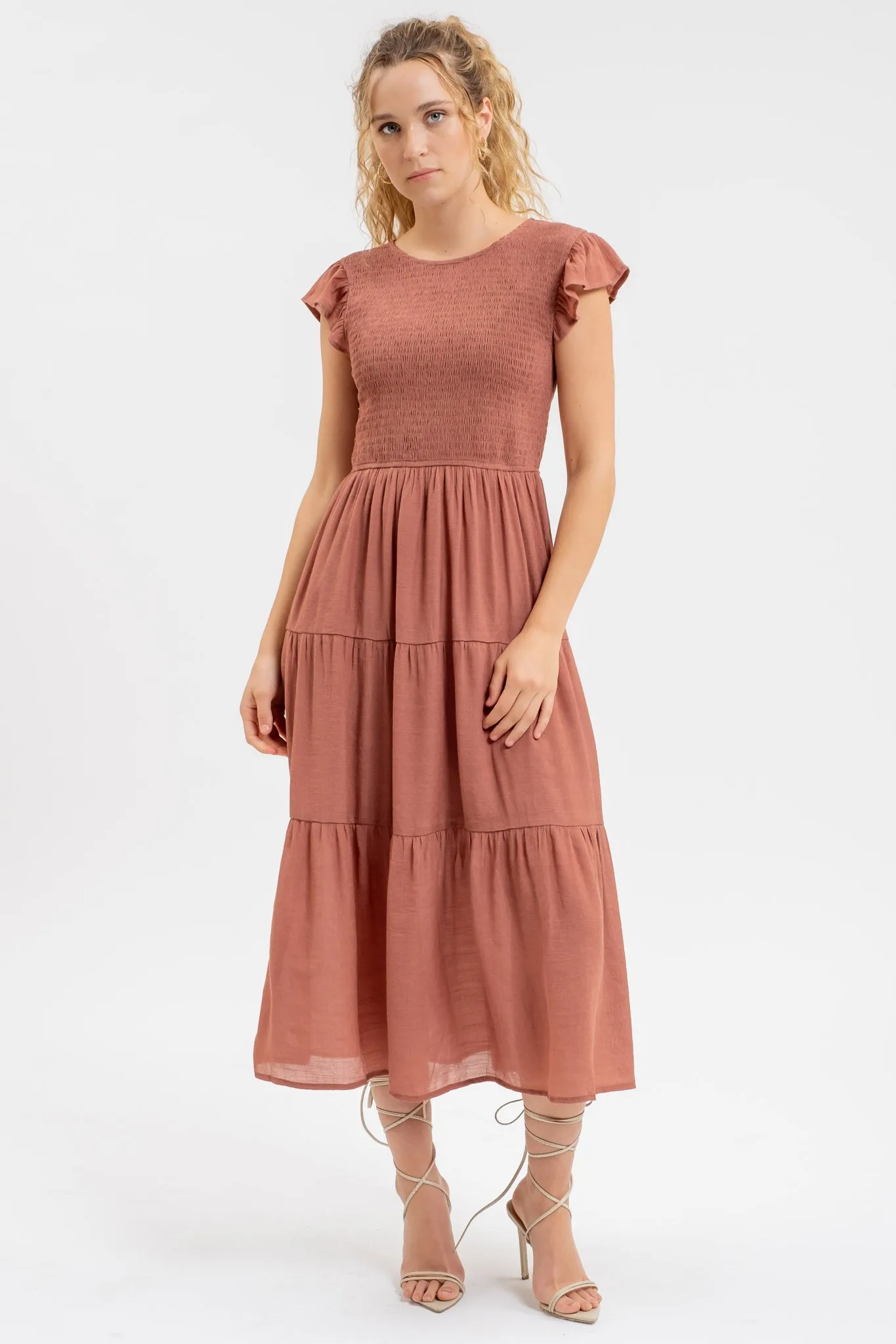 SMOCKED TIERED MIDI DRESS