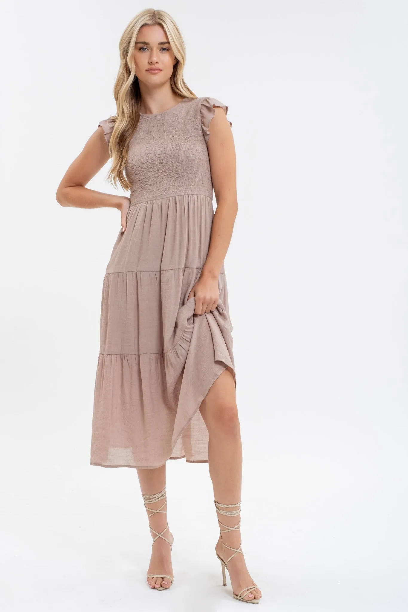 SMOCKED TIERED MIDI DRESS