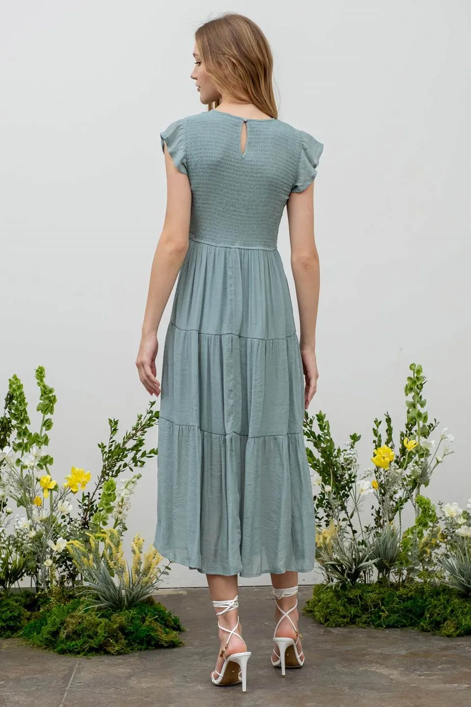 SMOCKED TIERED MIDI DRESS