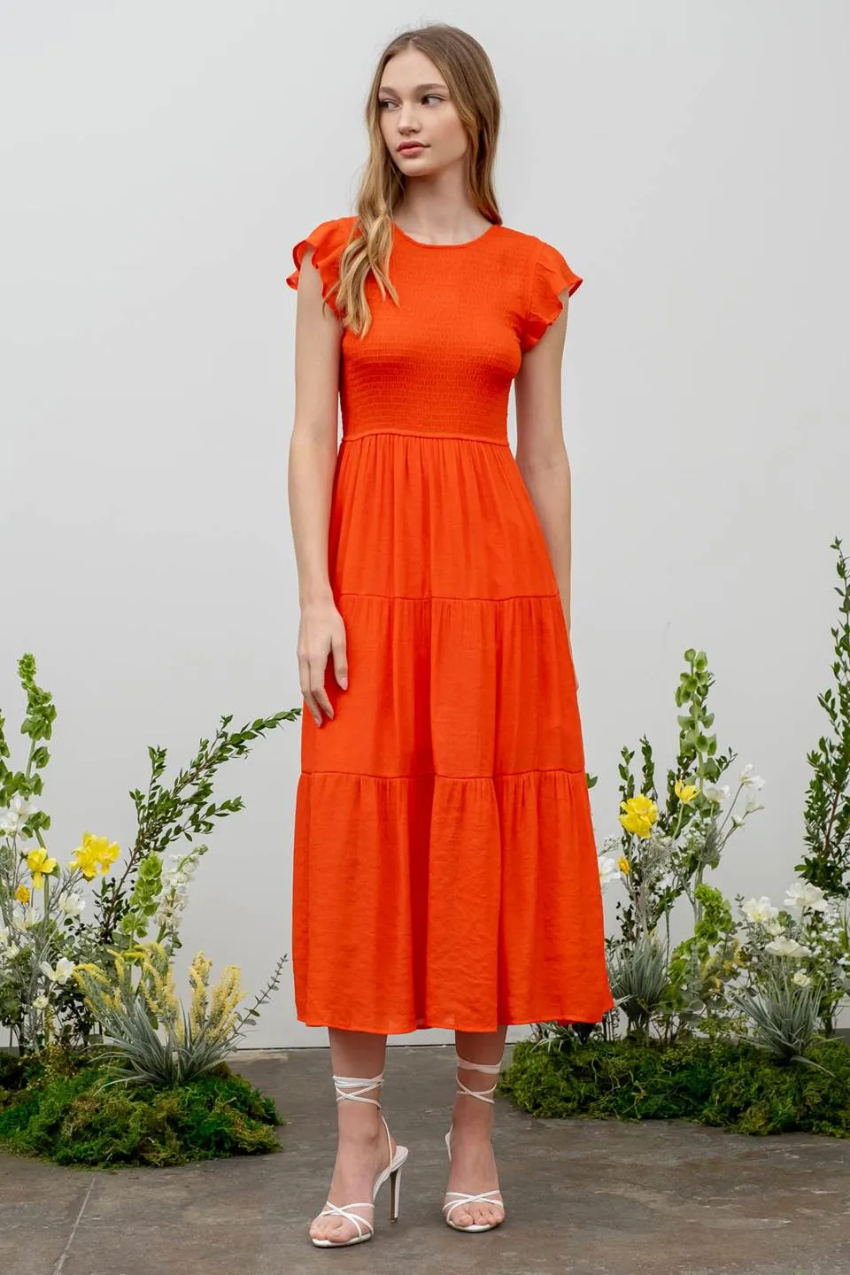 SMOCKED TIERED MIDI DRESS