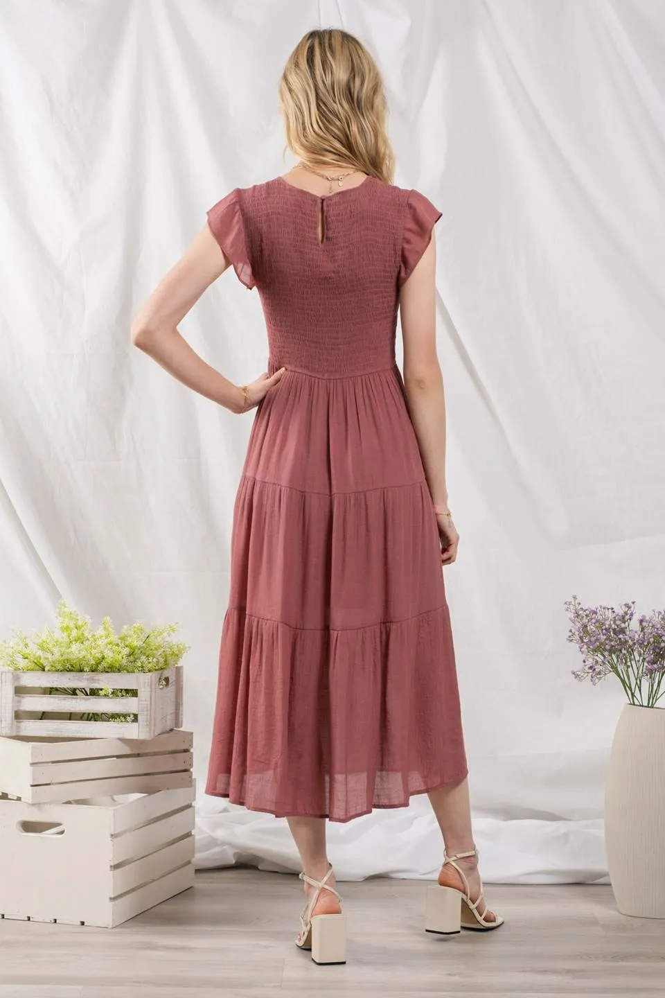 SMOCKED TIERED MIDI DRESS