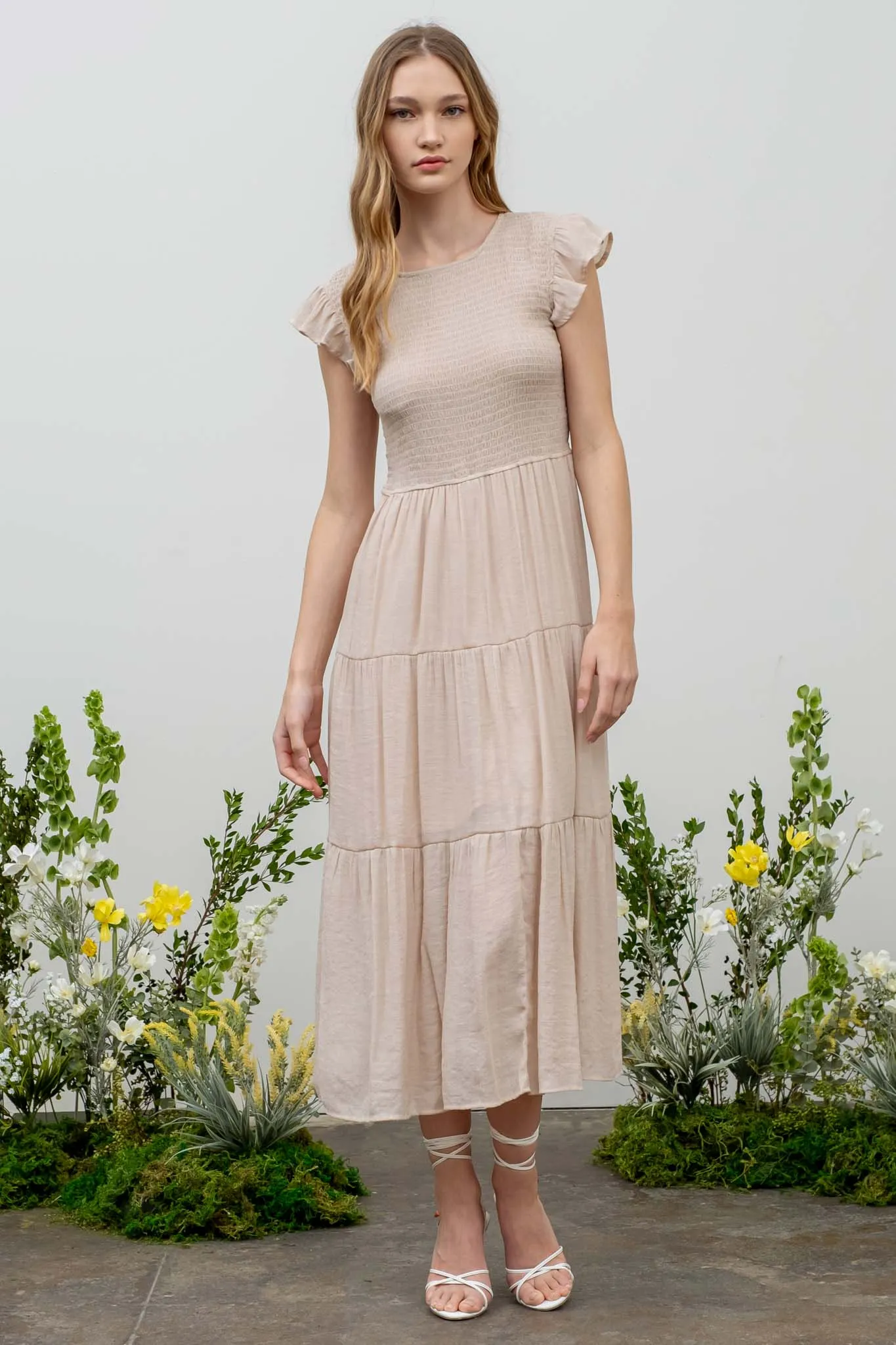 SMOCKED TIERED MIDI DRESS