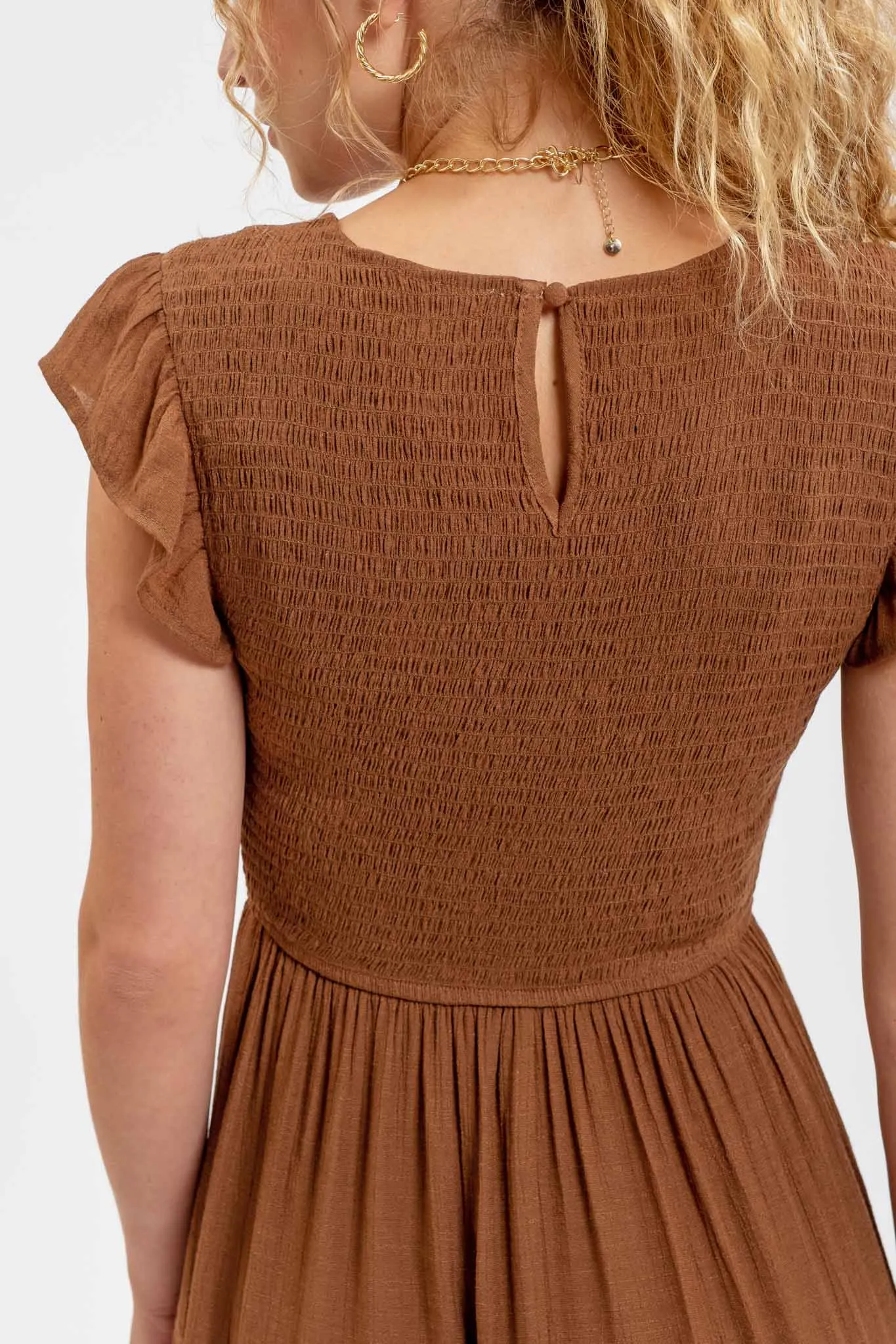 SMOCKED TIERED MIDI DRESS