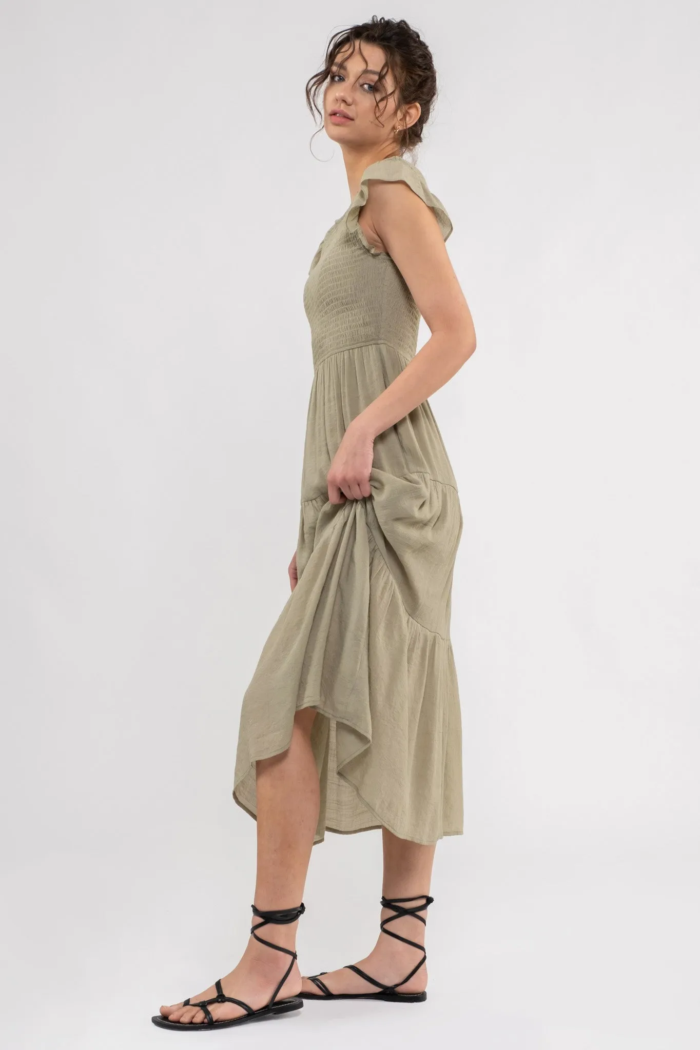 SMOCKED TIERED MIDI DRESS