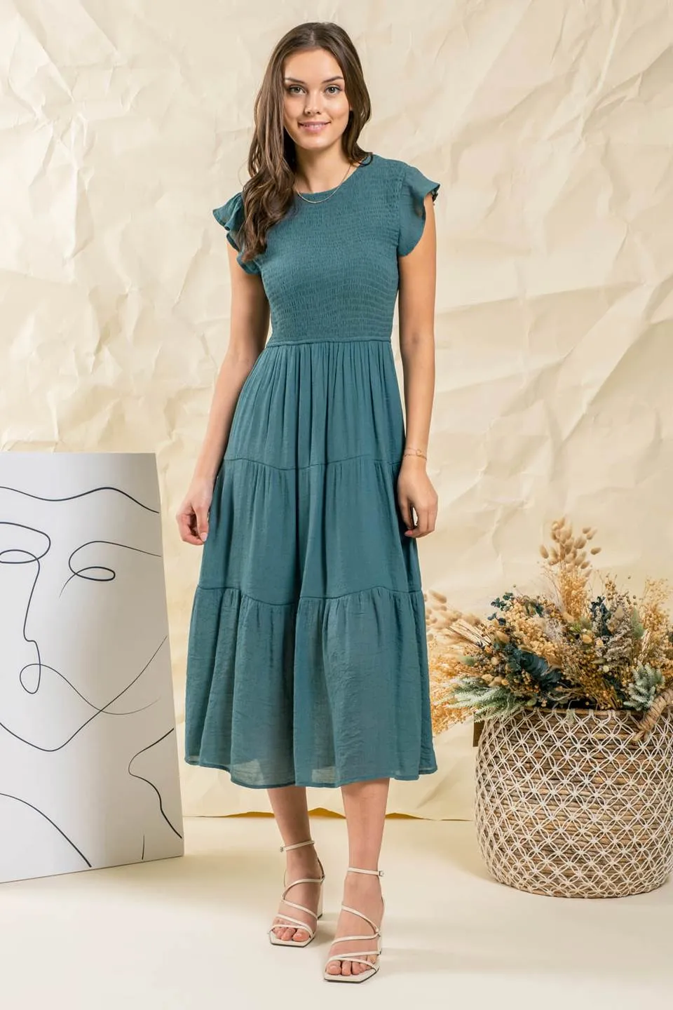 SMOCKED TIERED MIDI DRESS