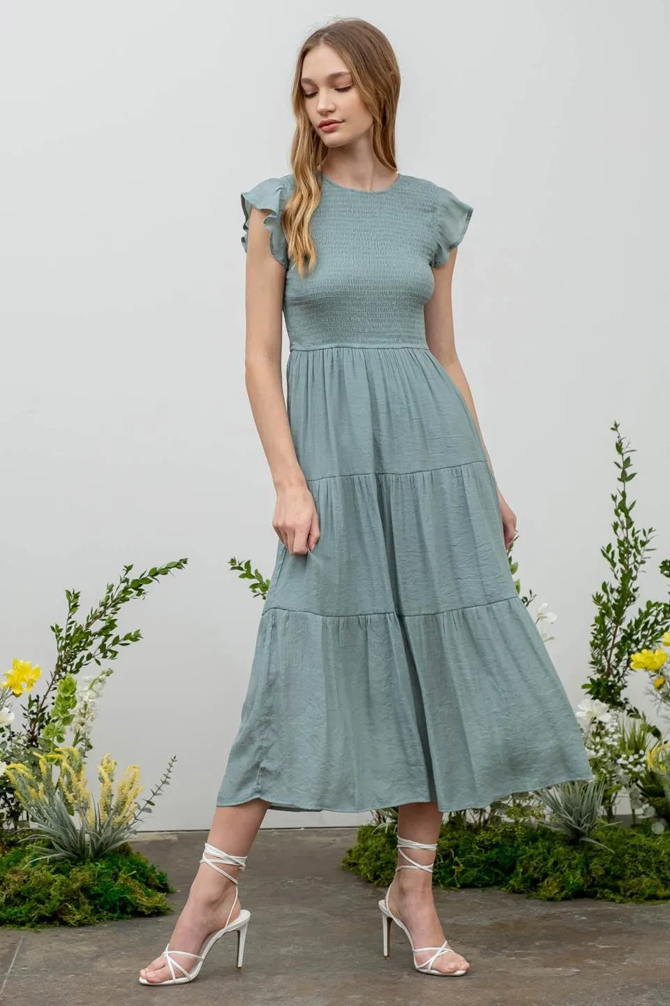 SMOCKED TIERED MIDI DRESS