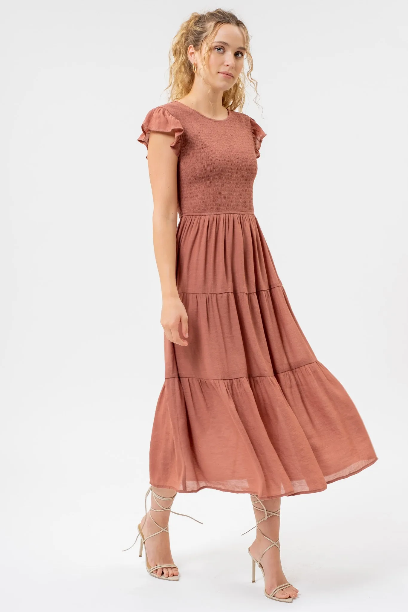 SMOCKED TIERED MIDI DRESS
