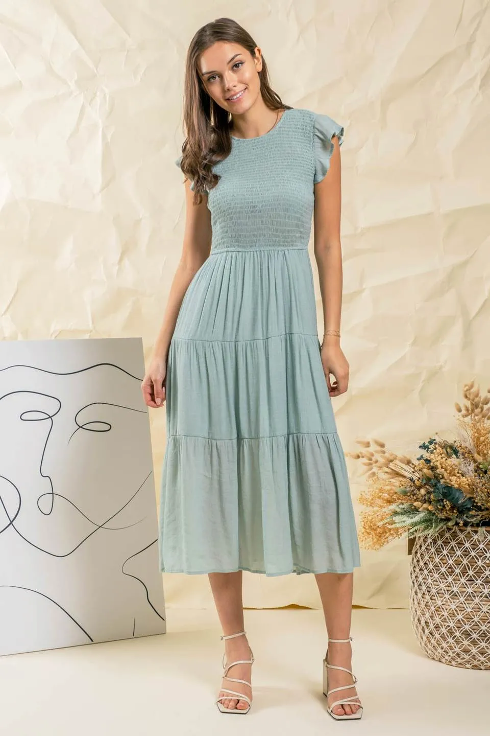 SMOCKED TIERED MIDI DRESS