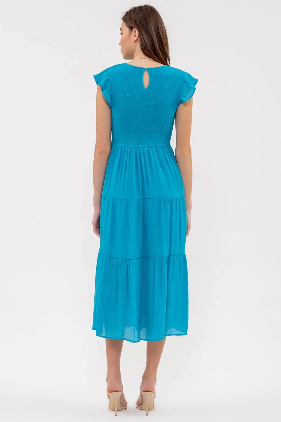 SMOCKED TIERED MIDI DRESS