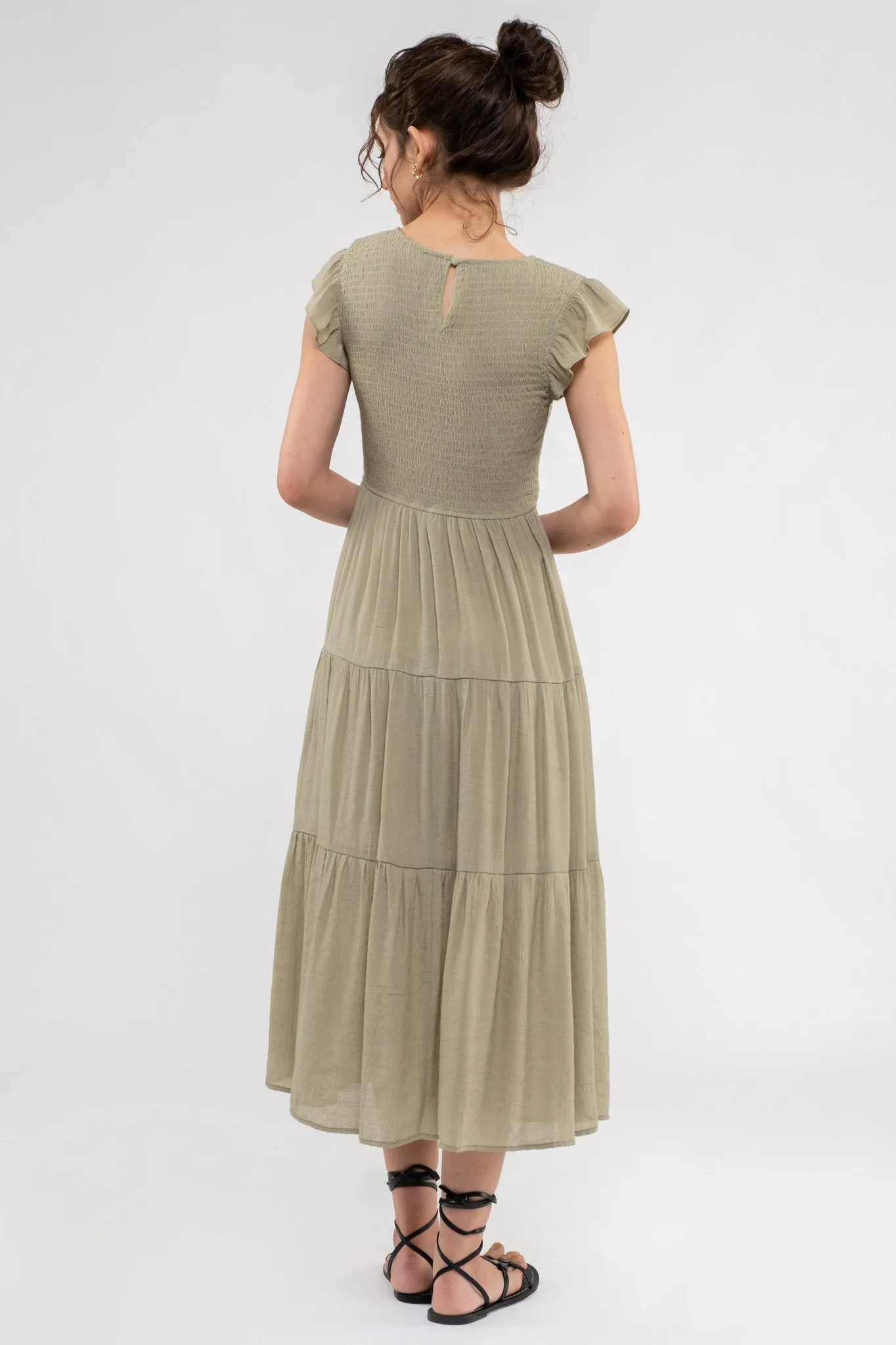SMOCKED TIERED MIDI DRESS