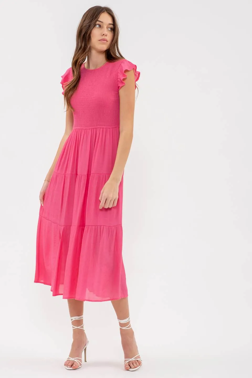 SMOCKED TIERED MIDI DRESS