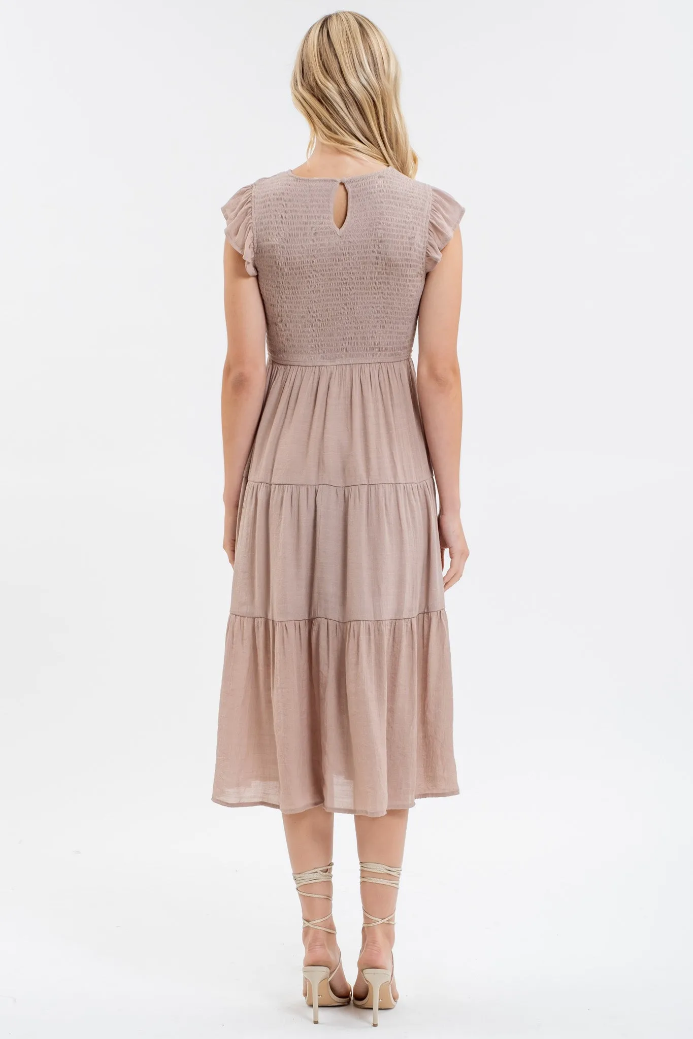 SMOCKED TIERED MIDI DRESS