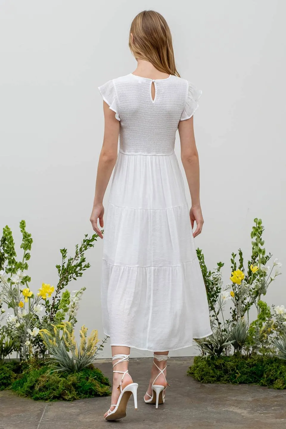 SMOCKED TIERED MIDI DRESS