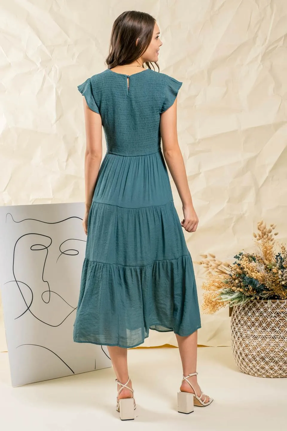 SMOCKED TIERED MIDI DRESS