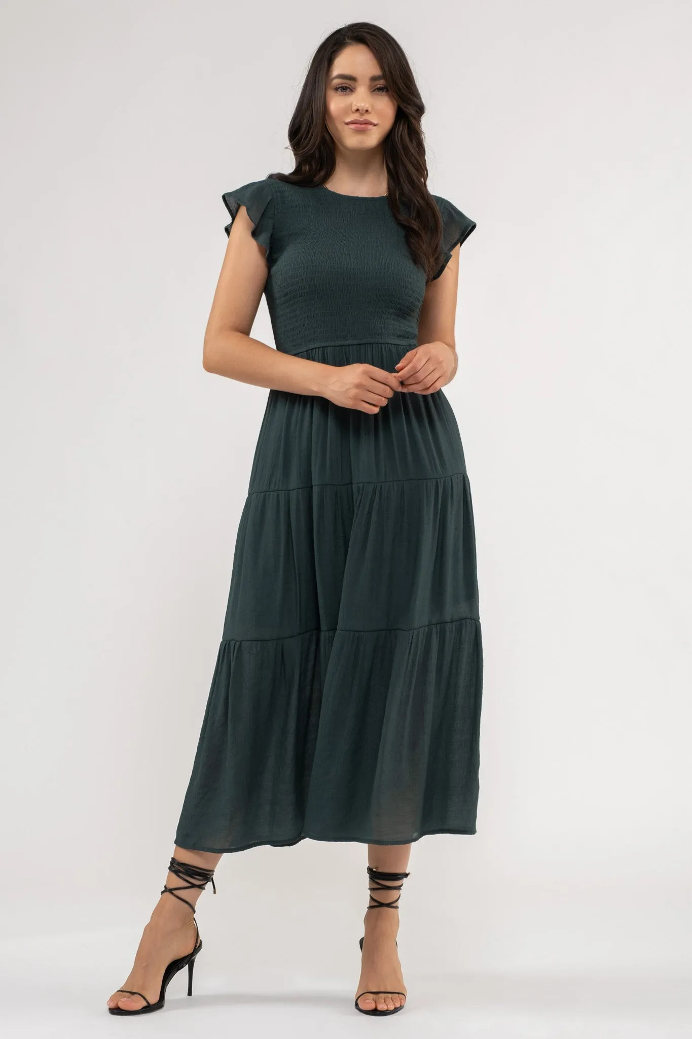 SMOCKED TIERED MIDI DRESS