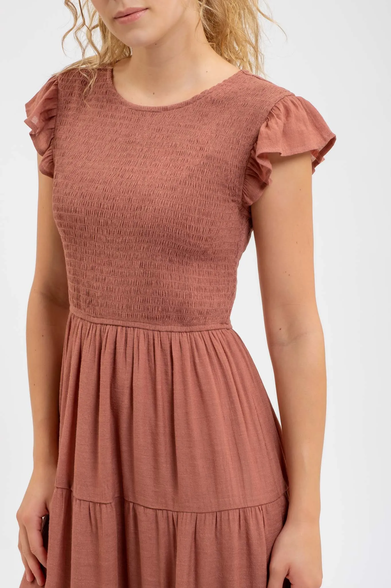 SMOCKED TIERED MIDI DRESS