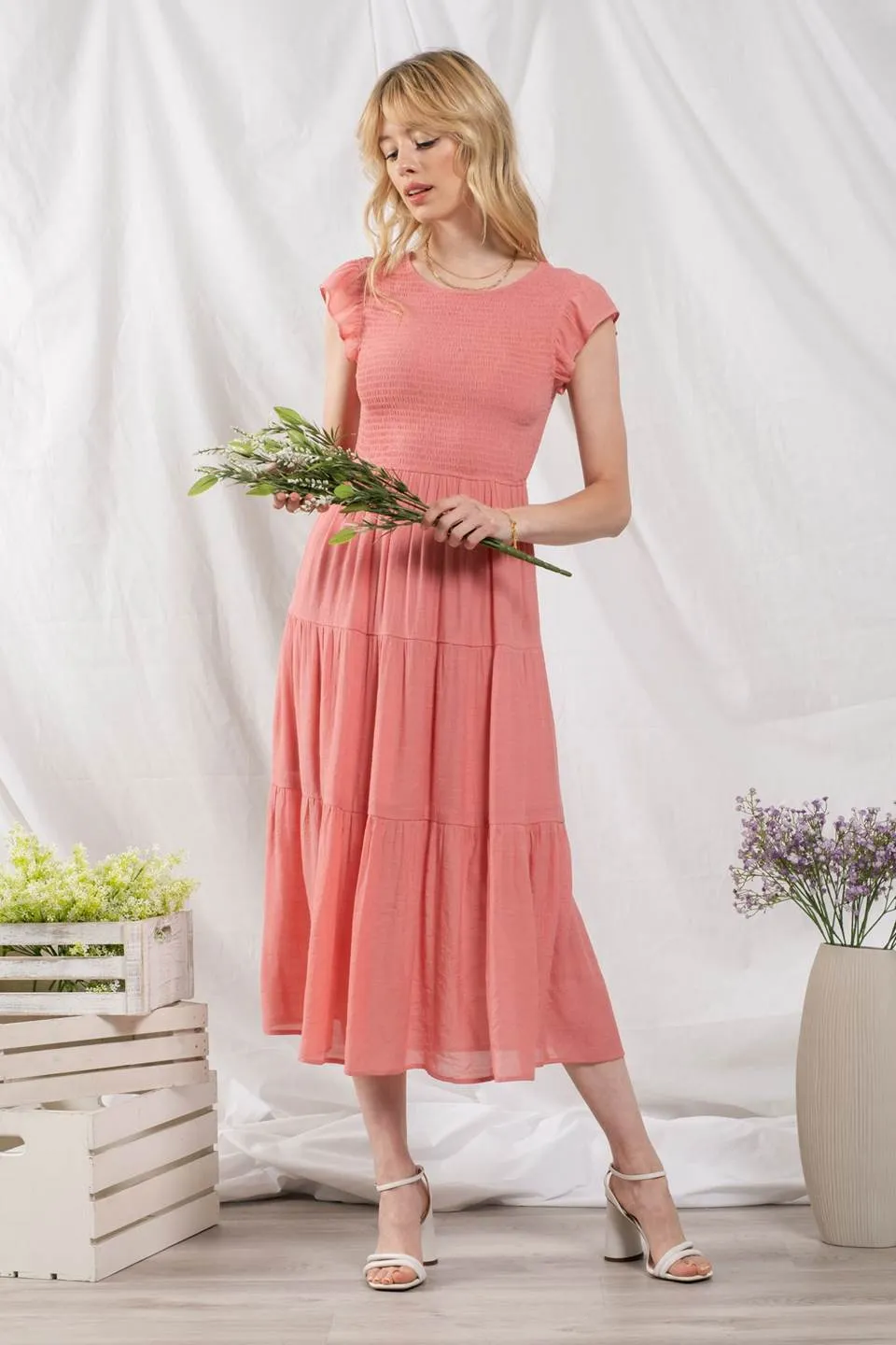 SMOCKED TIERED MIDI DRESS