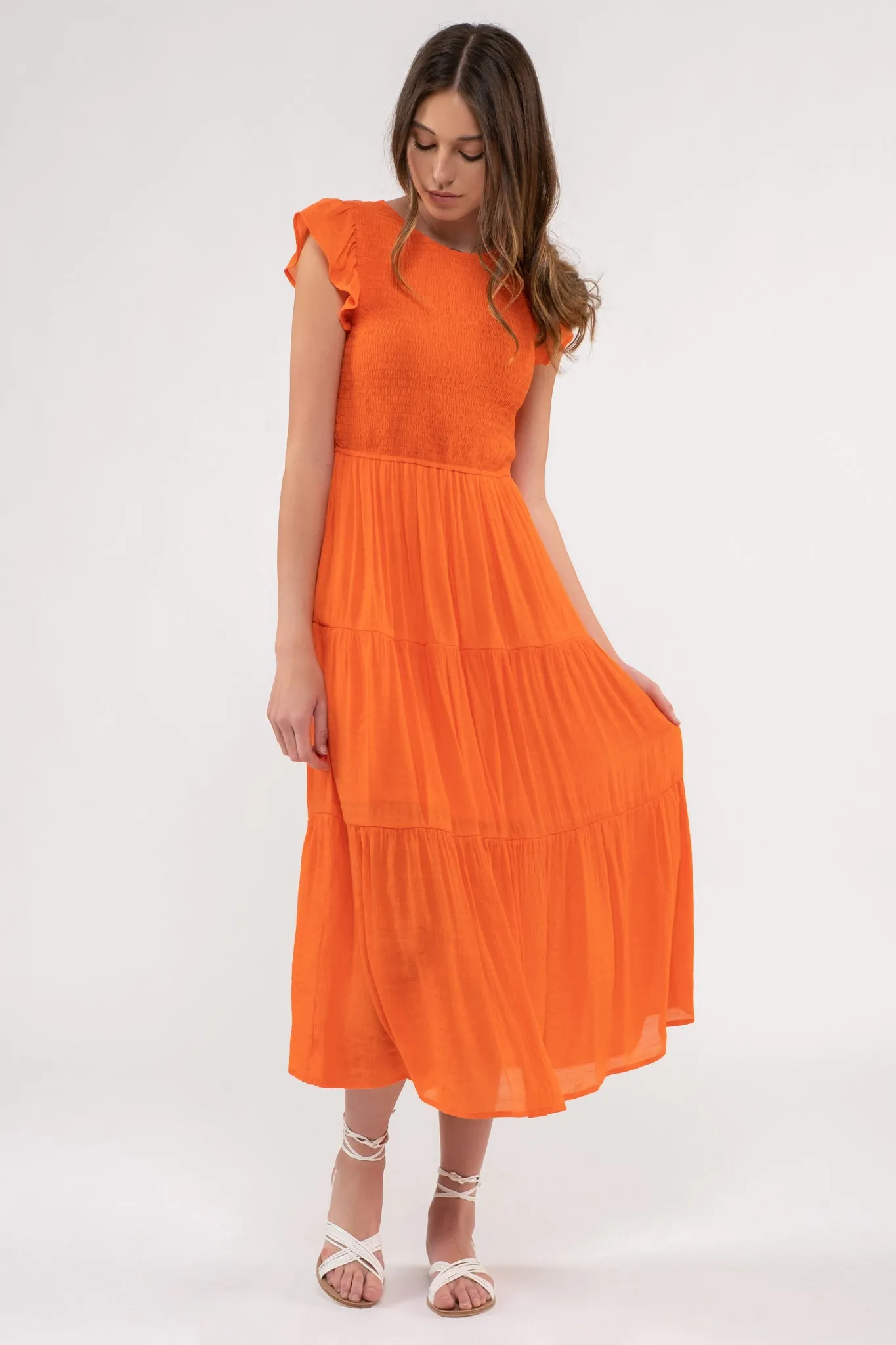 SMOCKED TIERED MIDI DRESS
