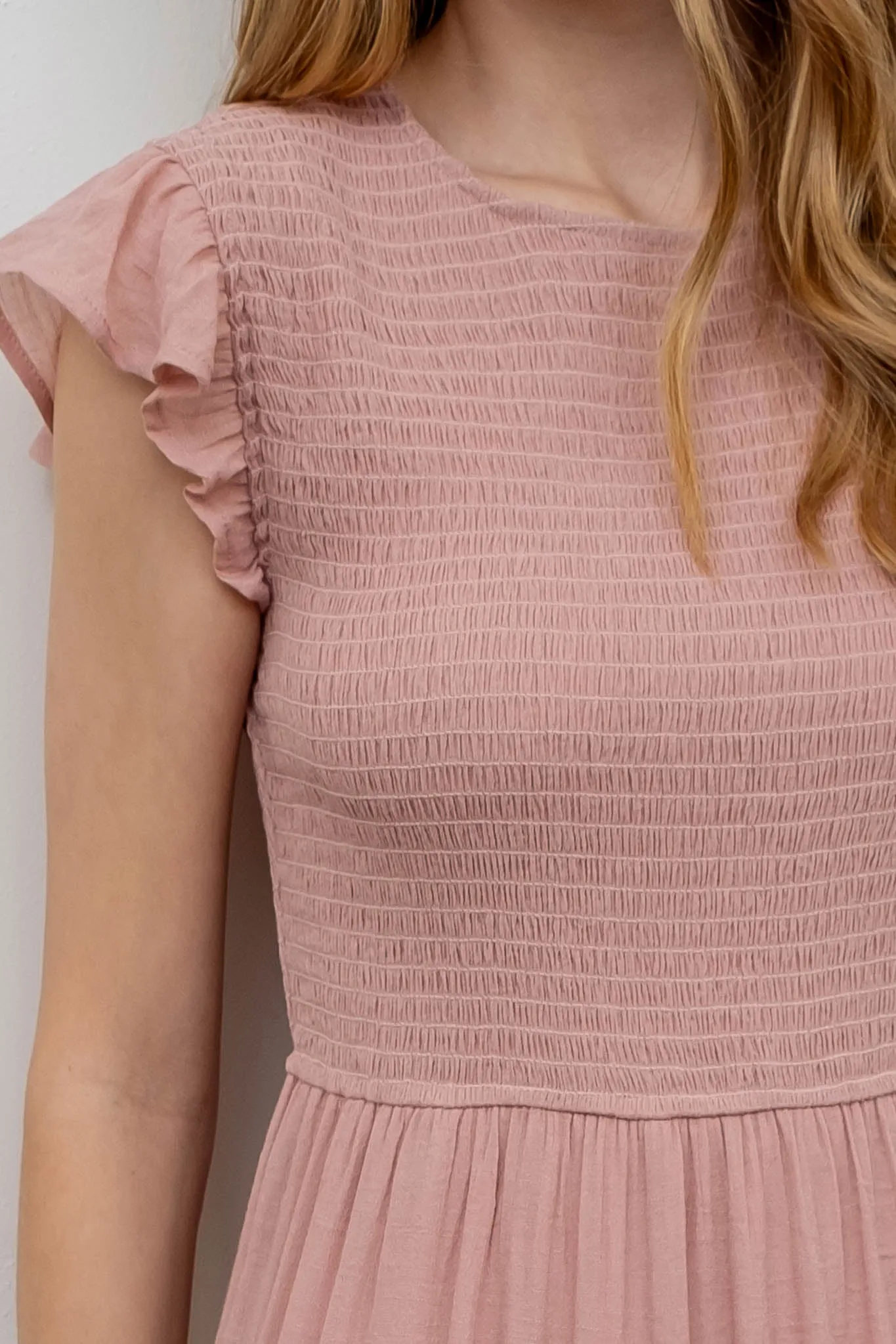 SMOCKED TIERED MIDI DRESS