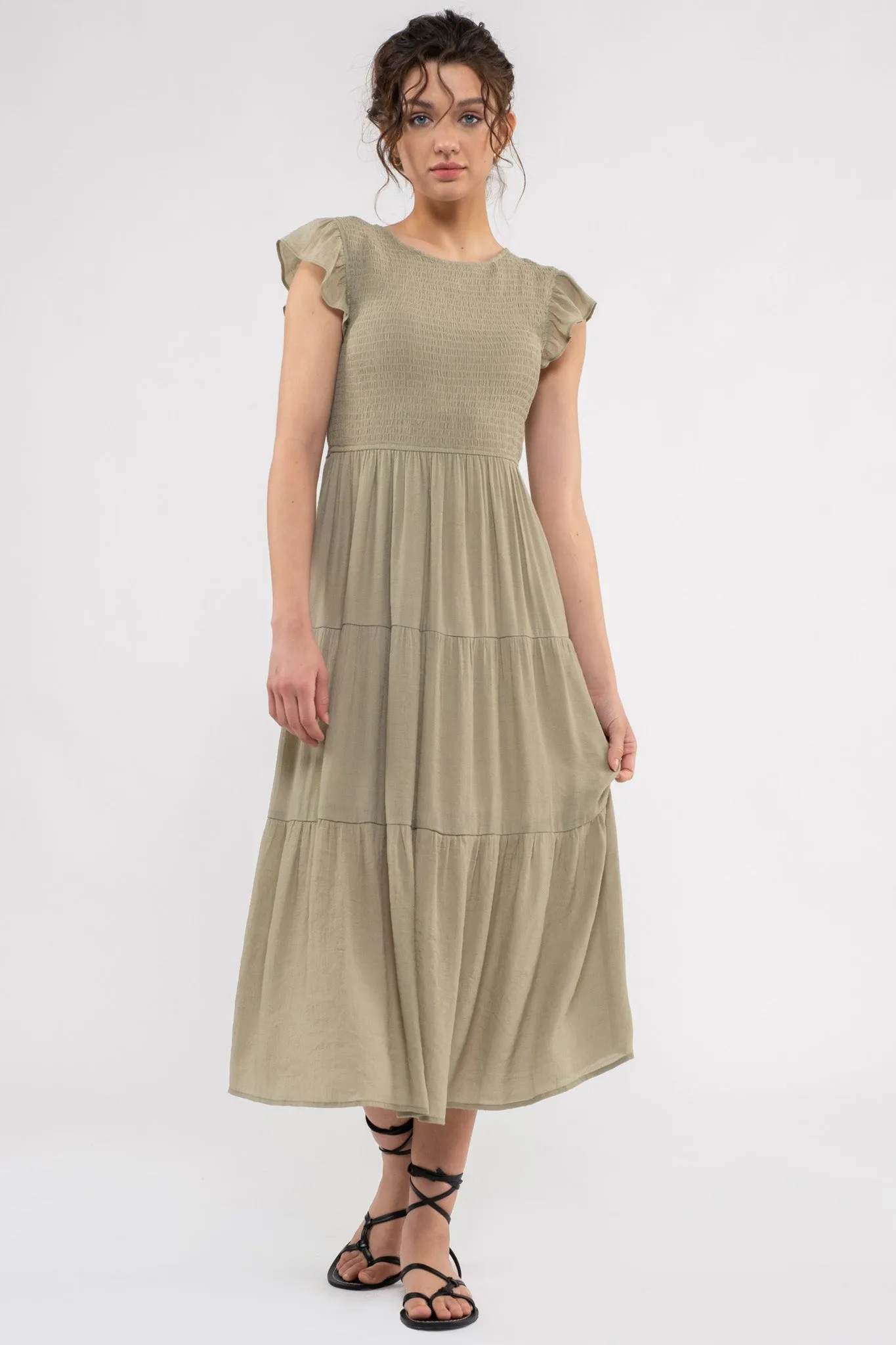 SMOCKED TIERED MIDI DRESS