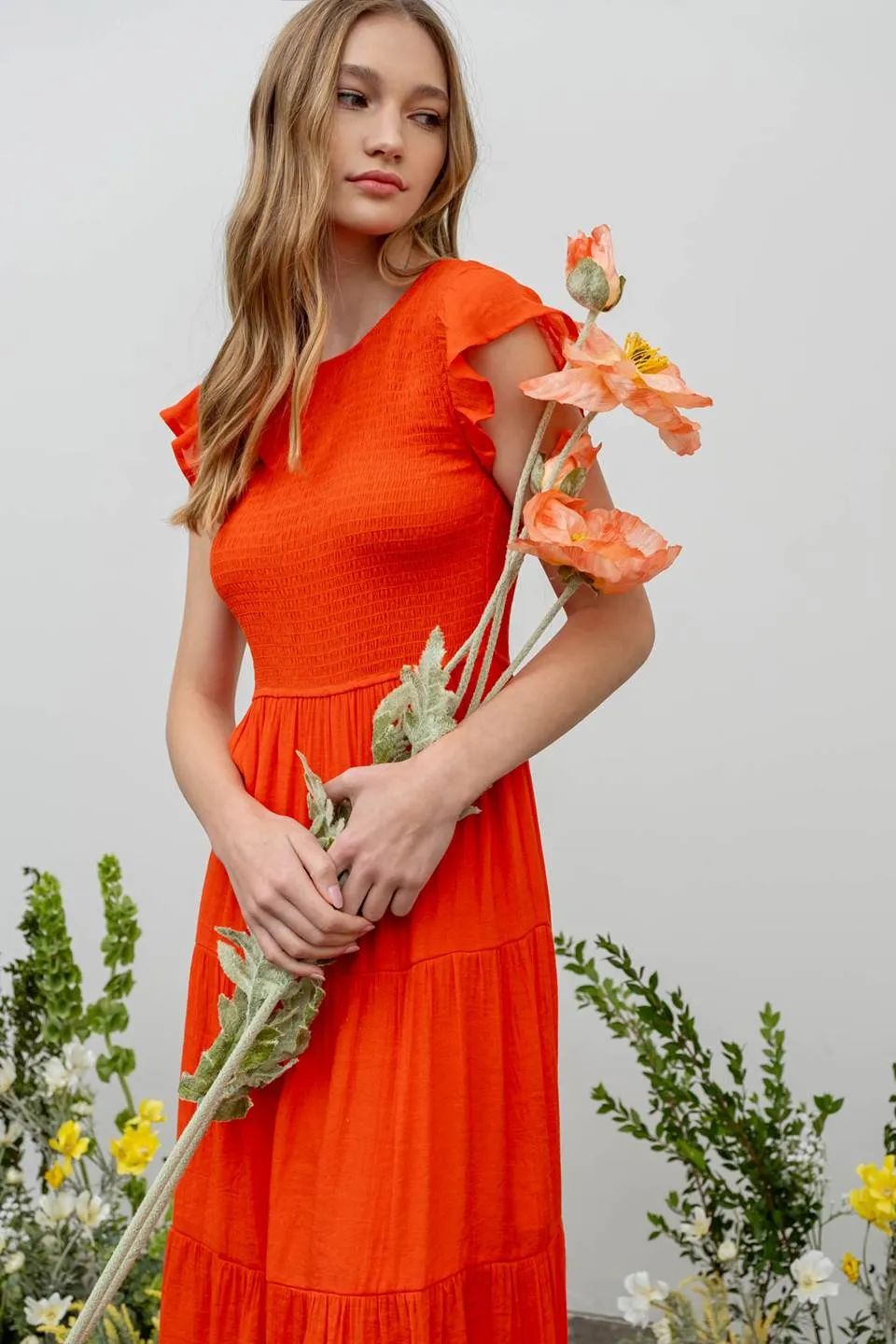 SMOCKED TIERED MIDI DRESS