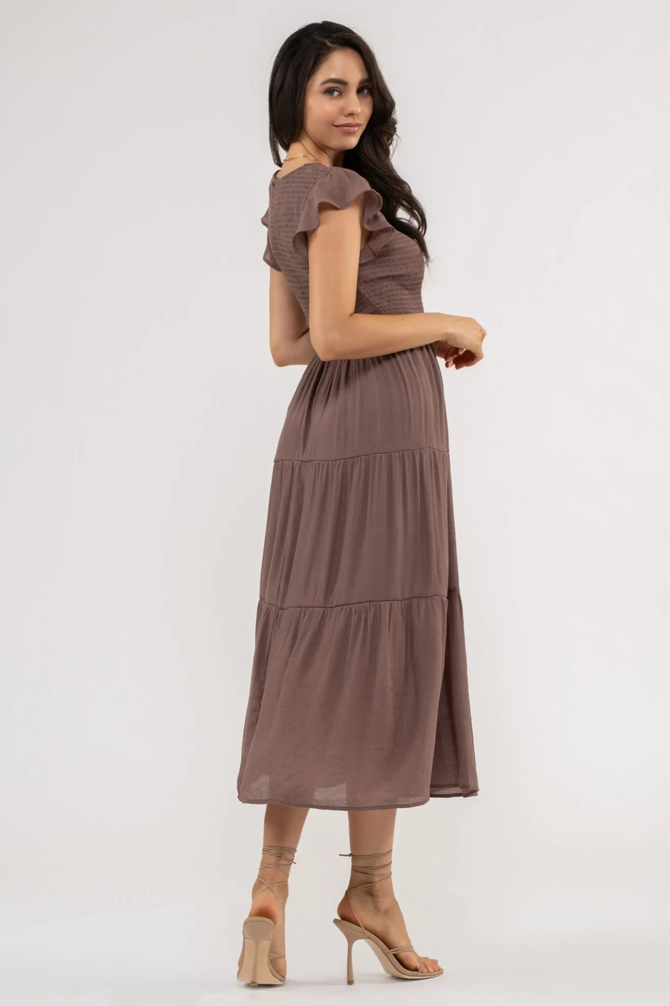 SMOCKED TIERED MIDI DRESS