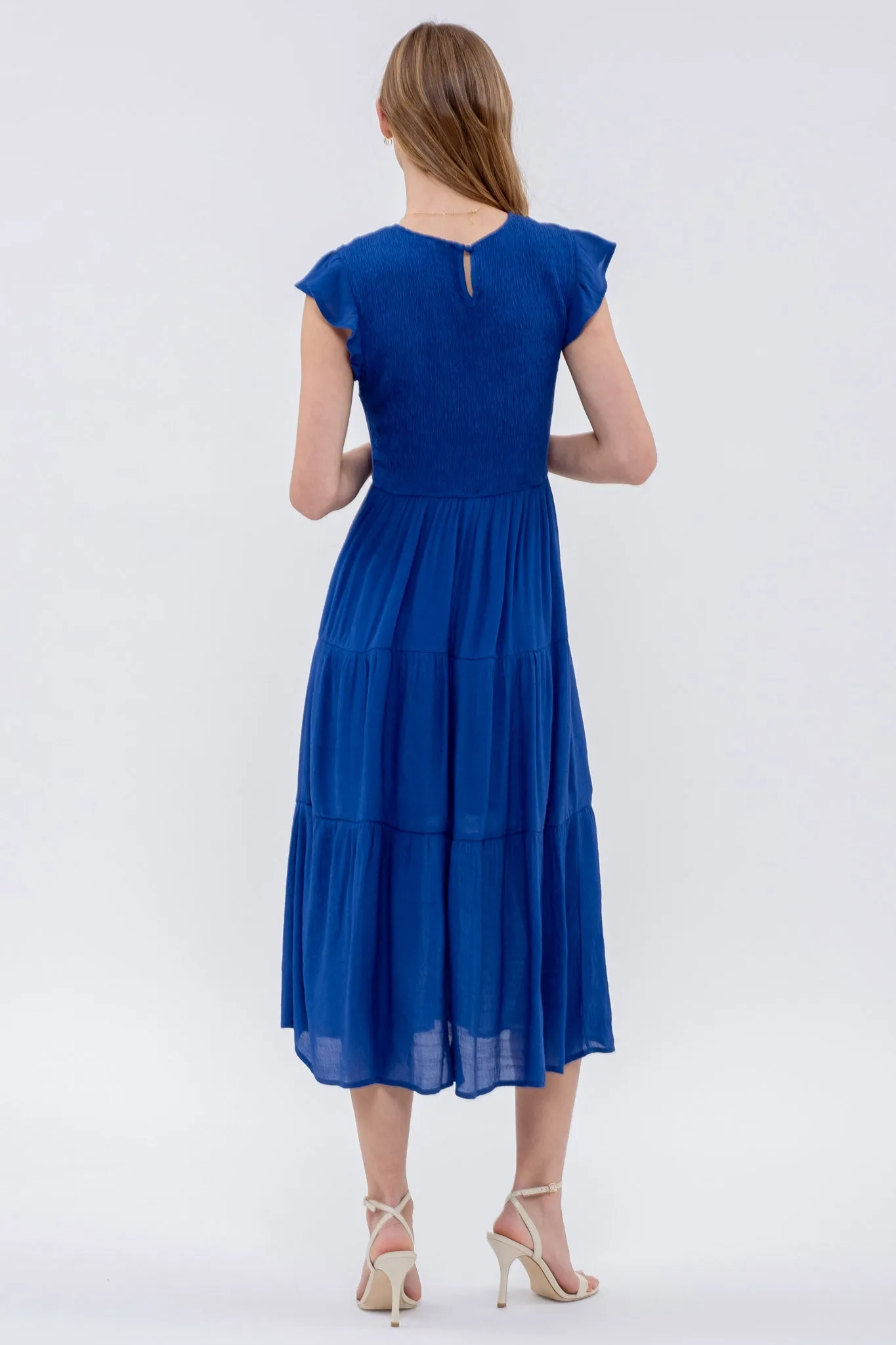 SMOCKED TIERED MIDI DRESS