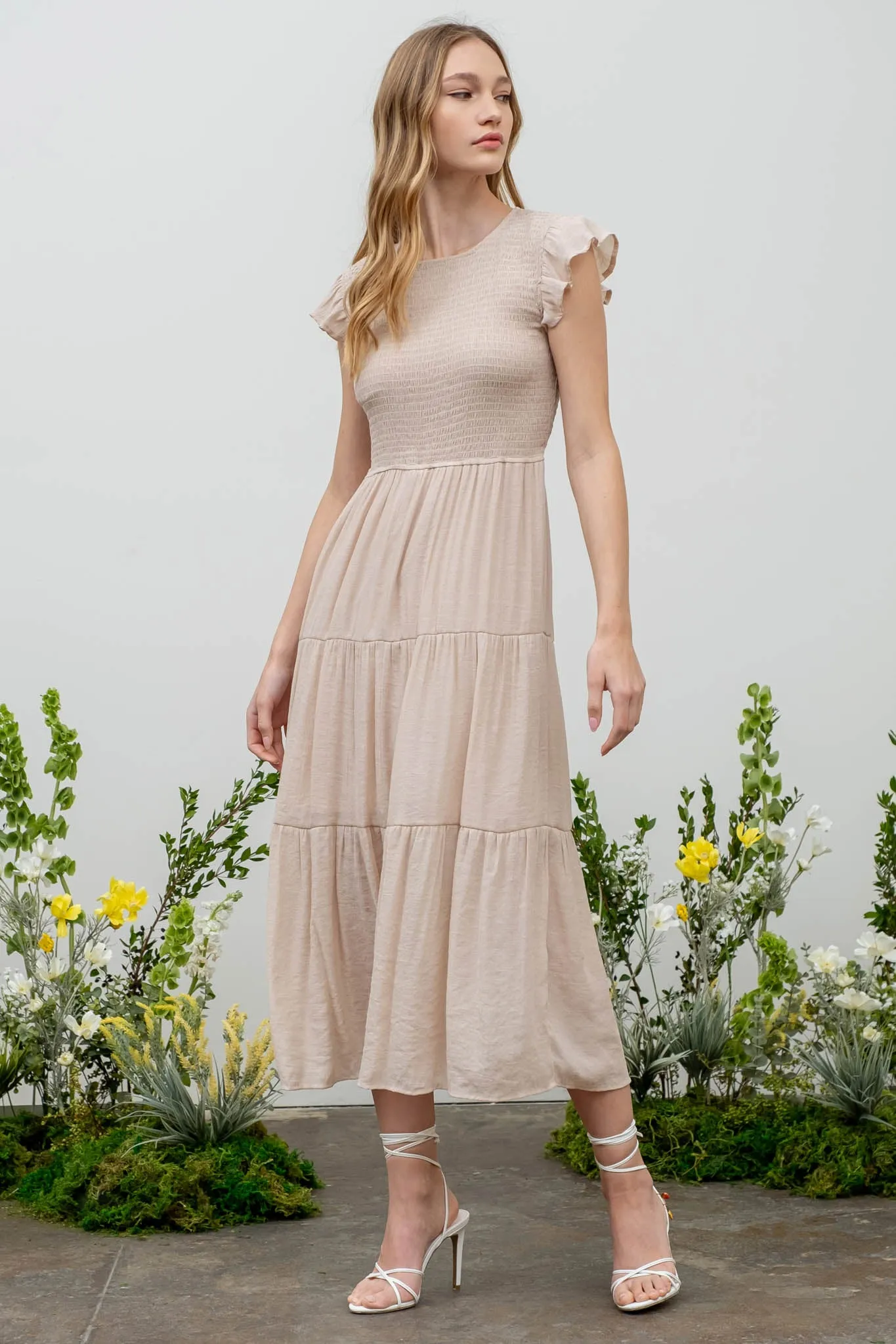 SMOCKED TIERED MIDI DRESS