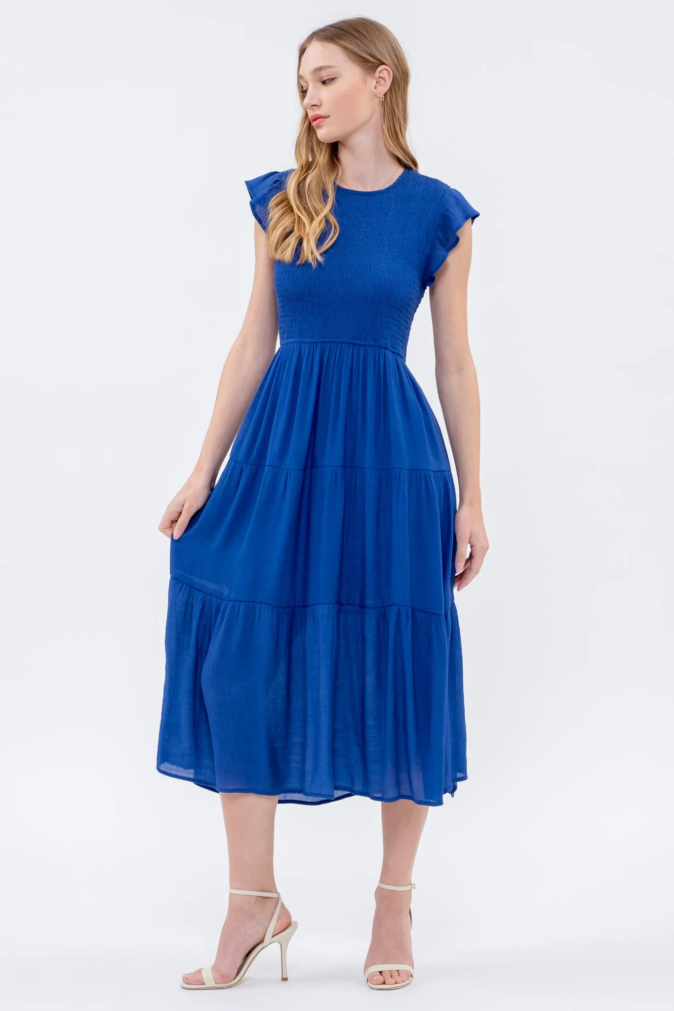 SMOCKED TIERED MIDI DRESS