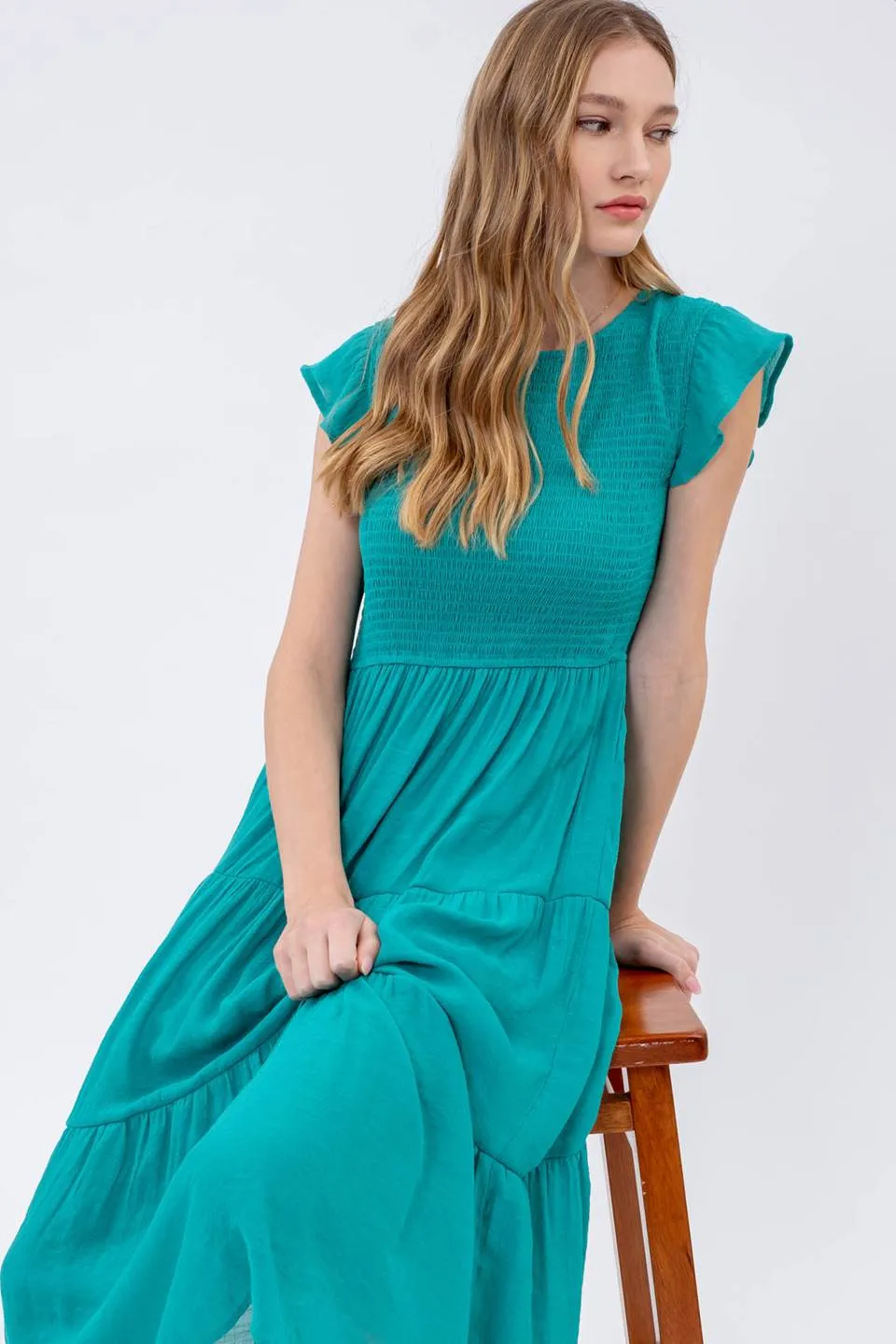 SMOCKED TIERED MIDI DRESS
